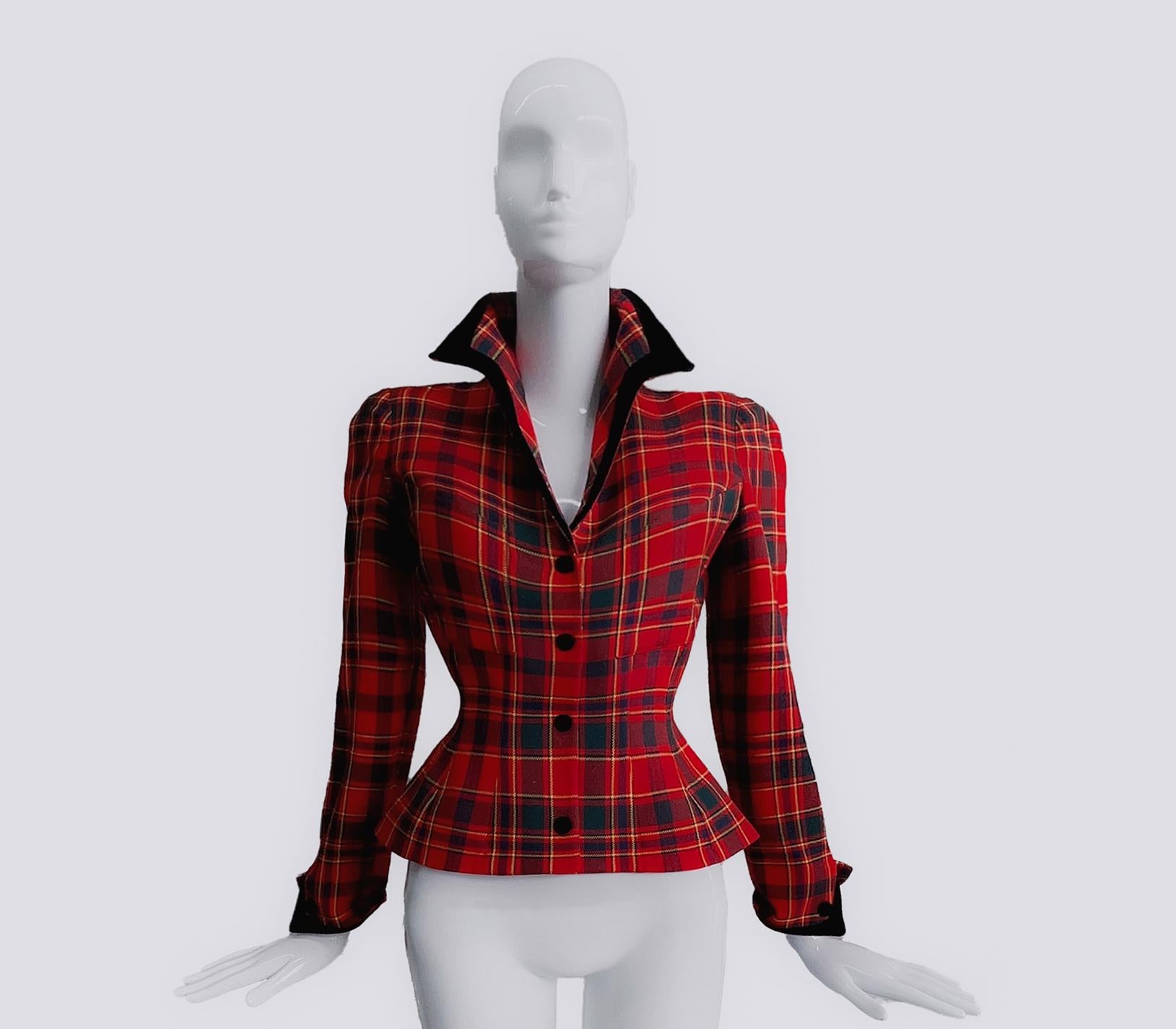 Women's Thierry Mugler Sculptural Wool Tartan Jacket Velvet Details Red Black 