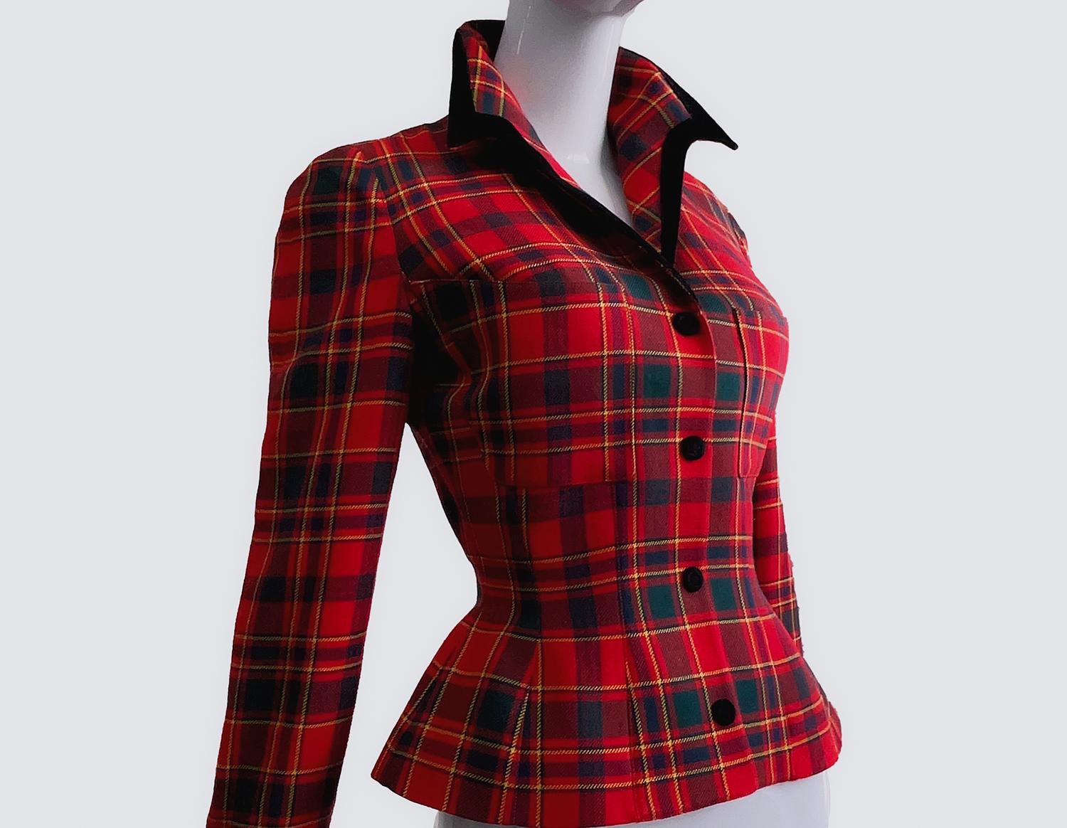 Women's Thierry Mugler Sculptural Wool Tartan Jacket Velvet Details Red Black  For Sale
