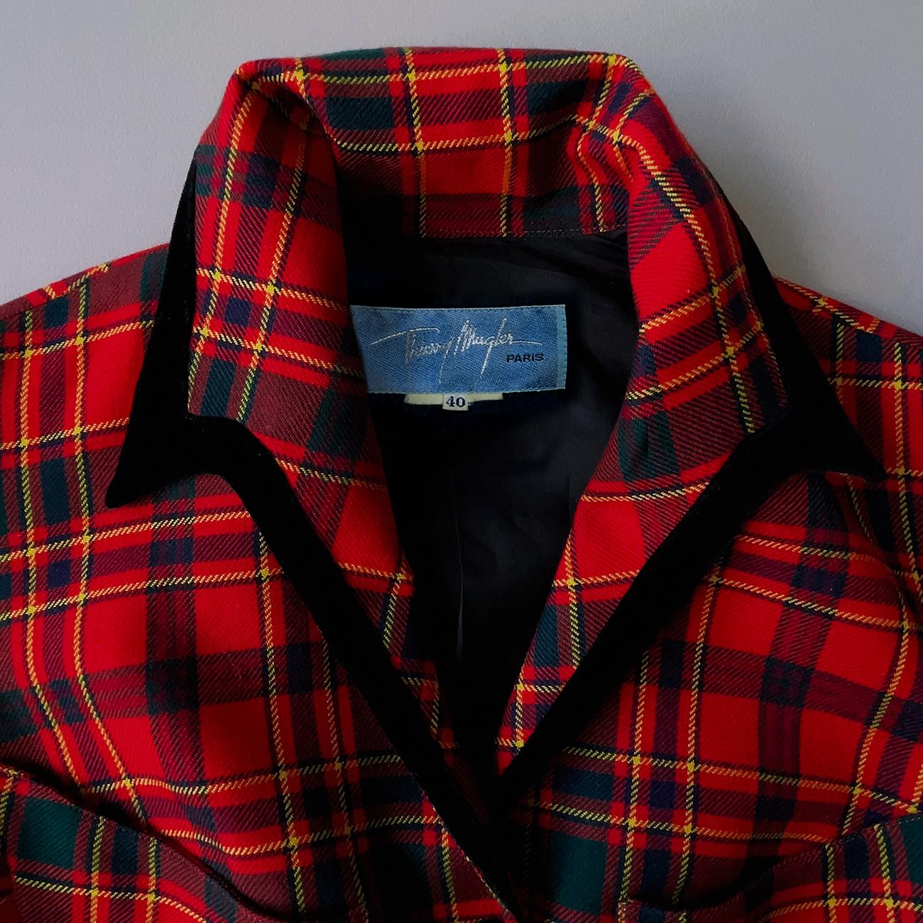 Thierry Mugler Sculptural Wool Tartan Jacket Velvet Details Red Black  For Sale 1
