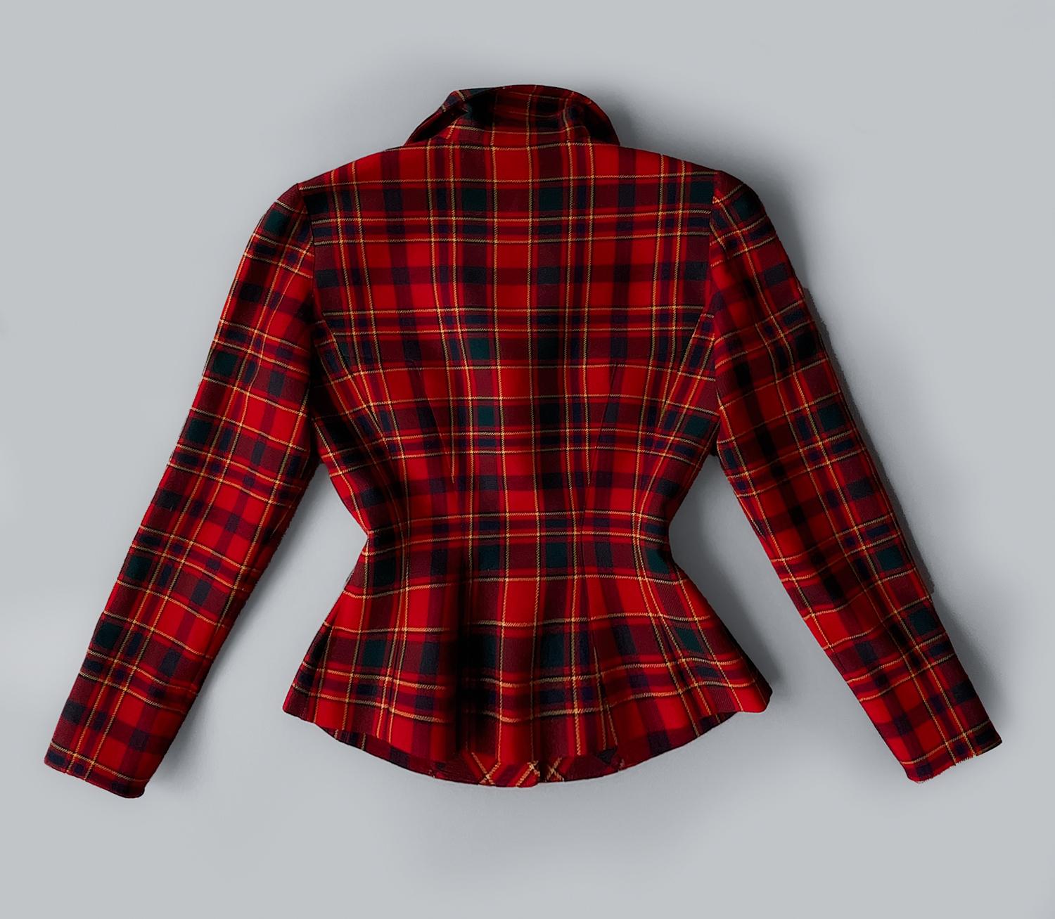 Thierry Mugler Sculptural Wool Tartan Jacket Velvet Details Red Black  For Sale 2