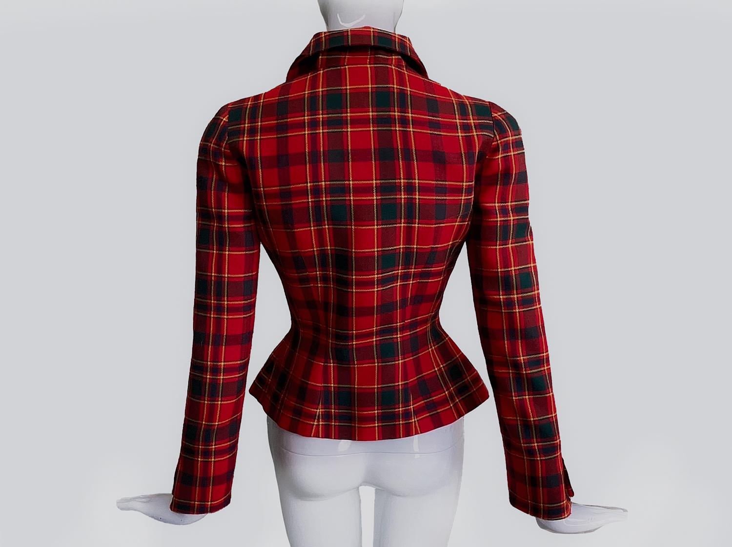 Thierry Mugler Sculptural Wool Tartan Jacket Velvet Details Red Black  For Sale 3