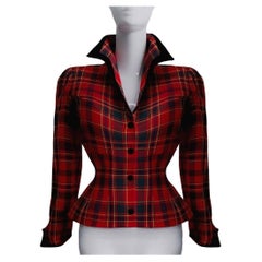 Thierry Mugler Sculptural Wool Tartan Jacket Velvet Details Red Black