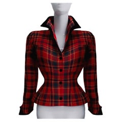 Thierry Mugler - Veste sculpturale en laine tartan avec détails en velours rouge et noir 