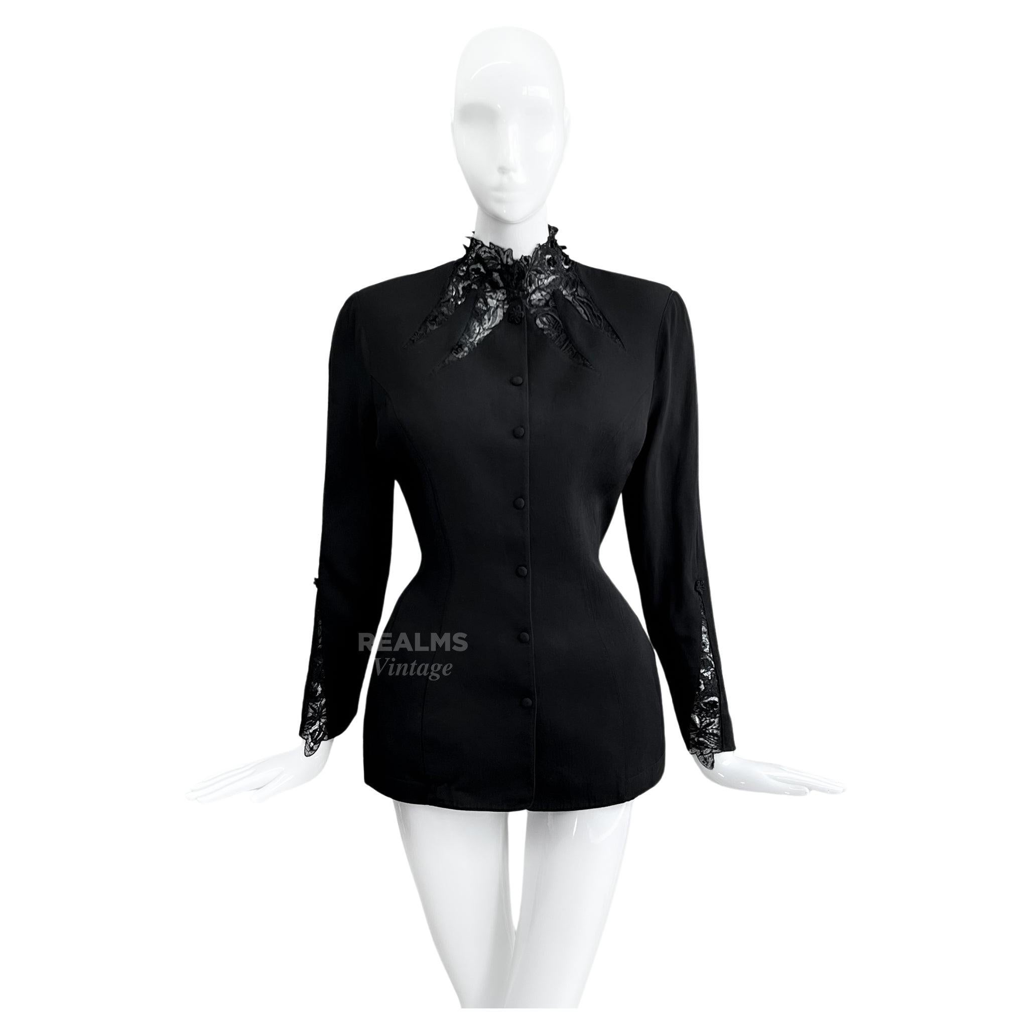 
Seductive black Thierry Mugler jacket with fabulous cutout lace details. Stunning fitted jacket from the SS 1992 Collection. Fabulous tailoring, super feminine fitted silhouette.
The perfect femme fatale look - a great mix of luxury chic with
