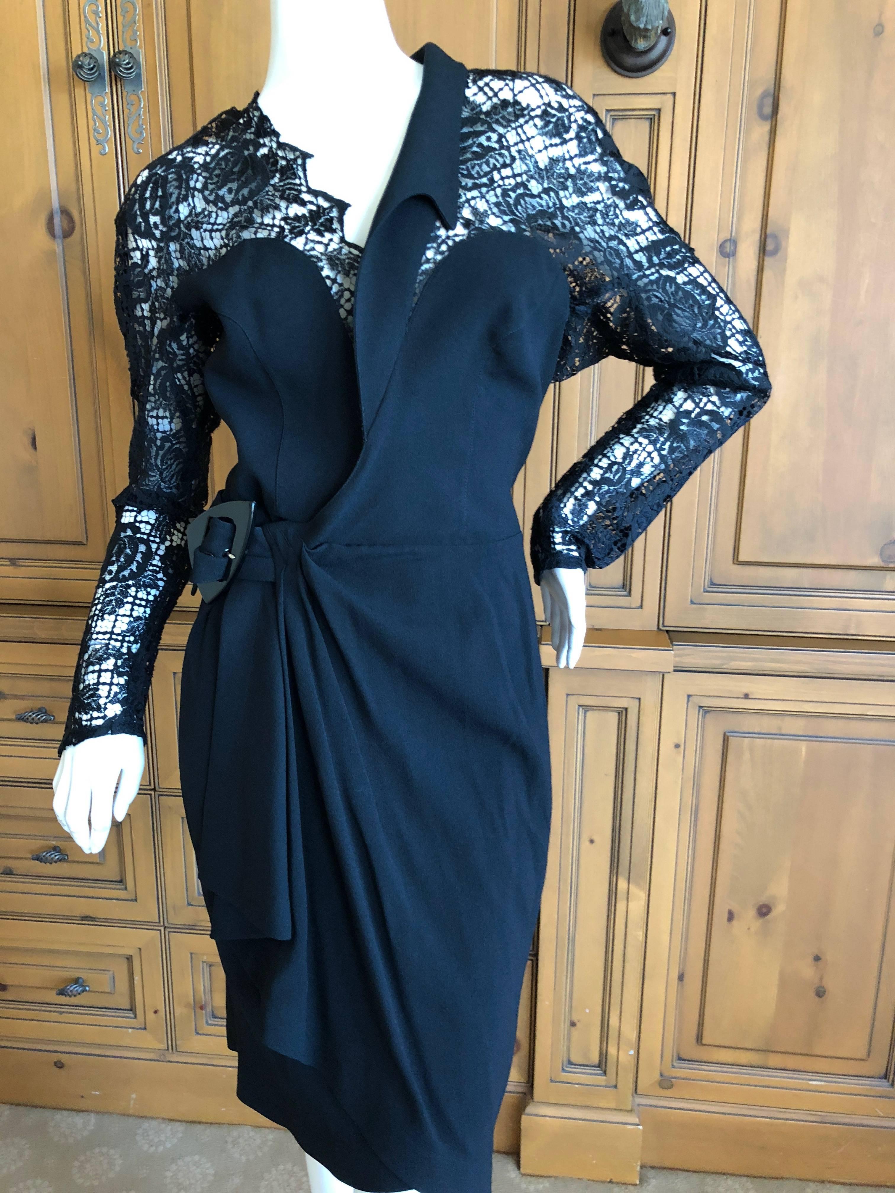 Thierry Mugler Sexy Vintage Sheer Lace Black Belted Wrap Dress 
Size 40
Classic Mugler 
Bust 40