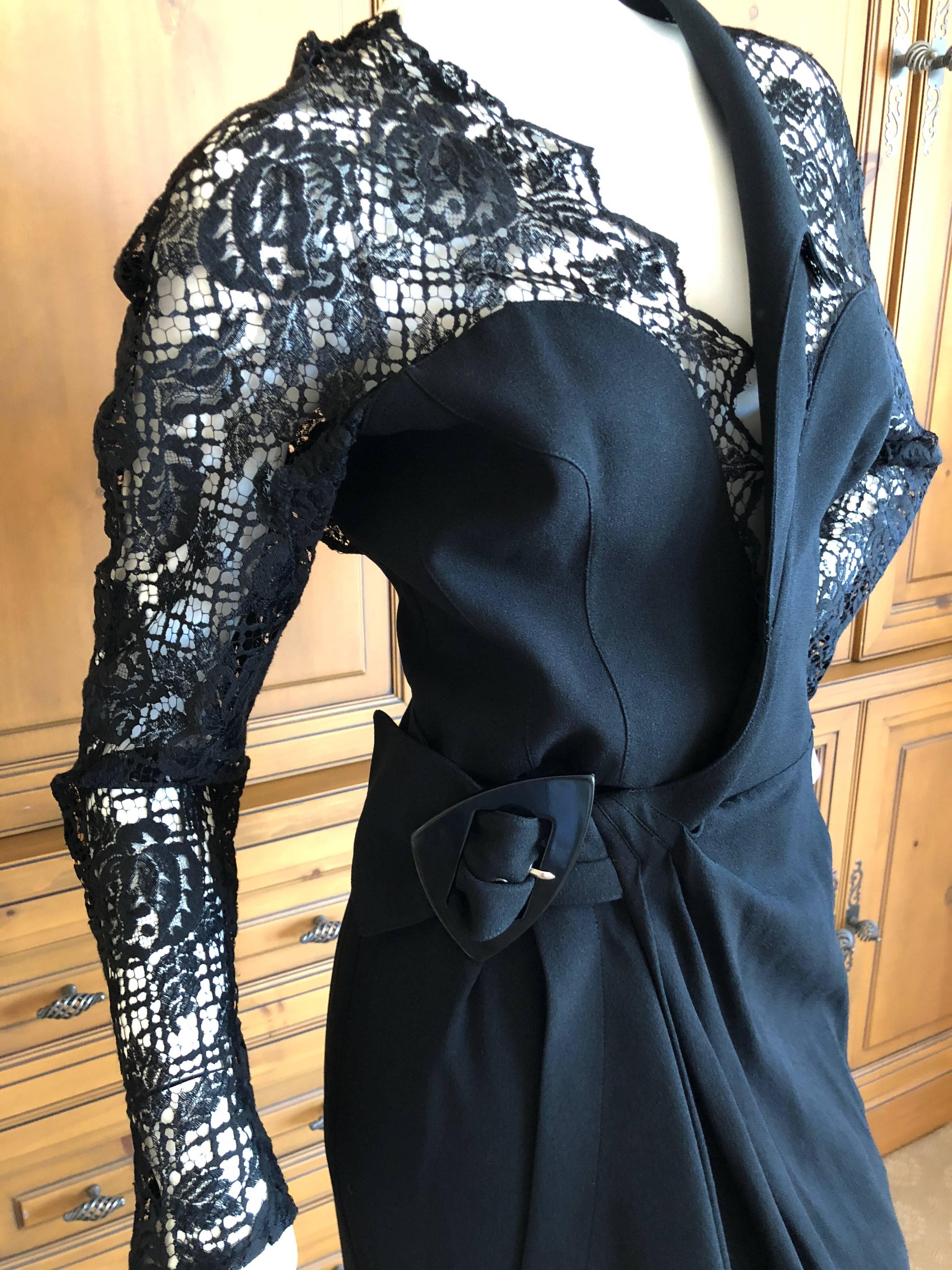 Women's Thierry Mugler Sexy Vintage Sheer Lace Black Belted Wrap Dress For Sale