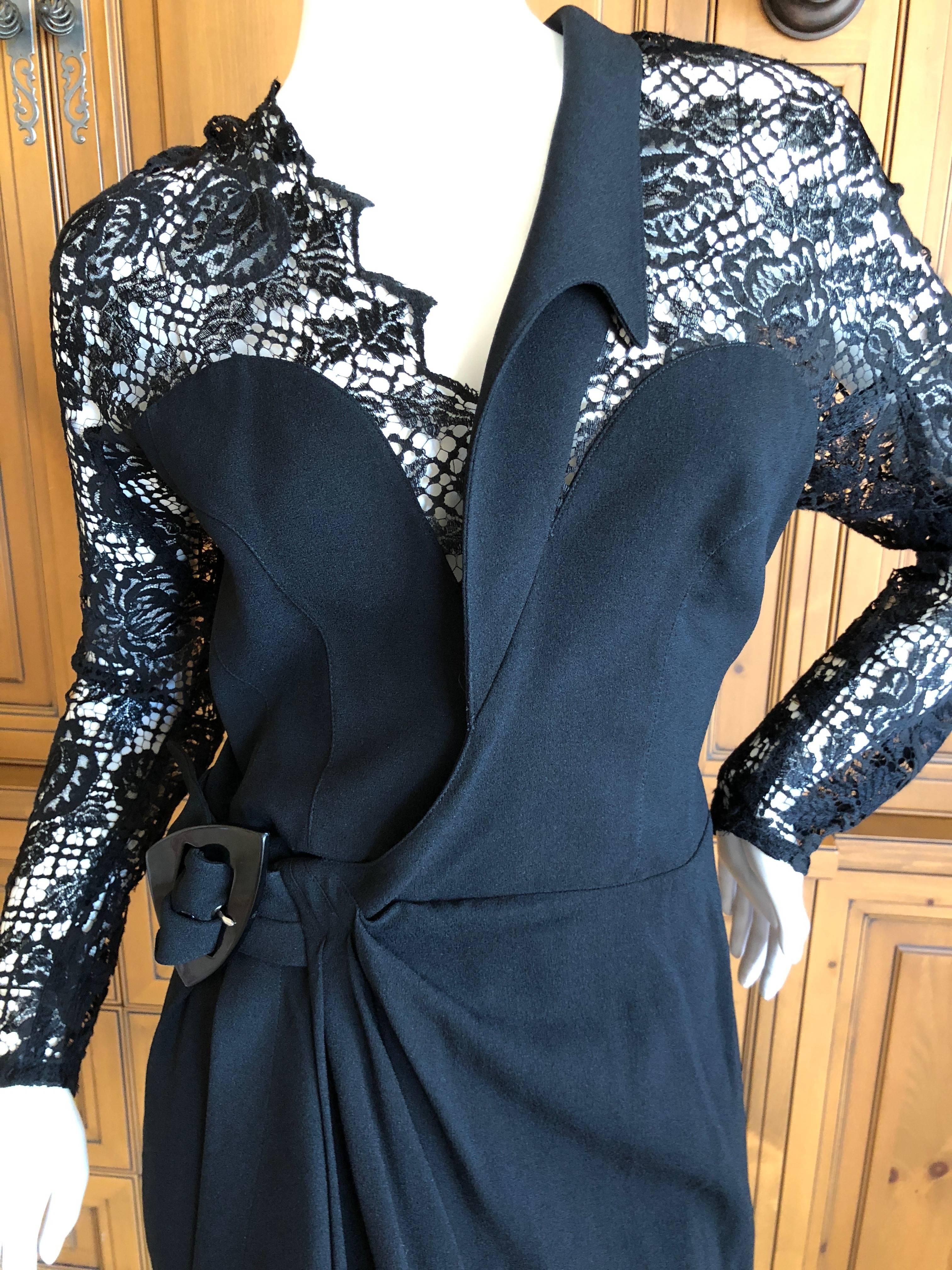 Thierry Mugler Sexy Vintage Sheer Lace Black Belted Wrap Dress For Sale 2