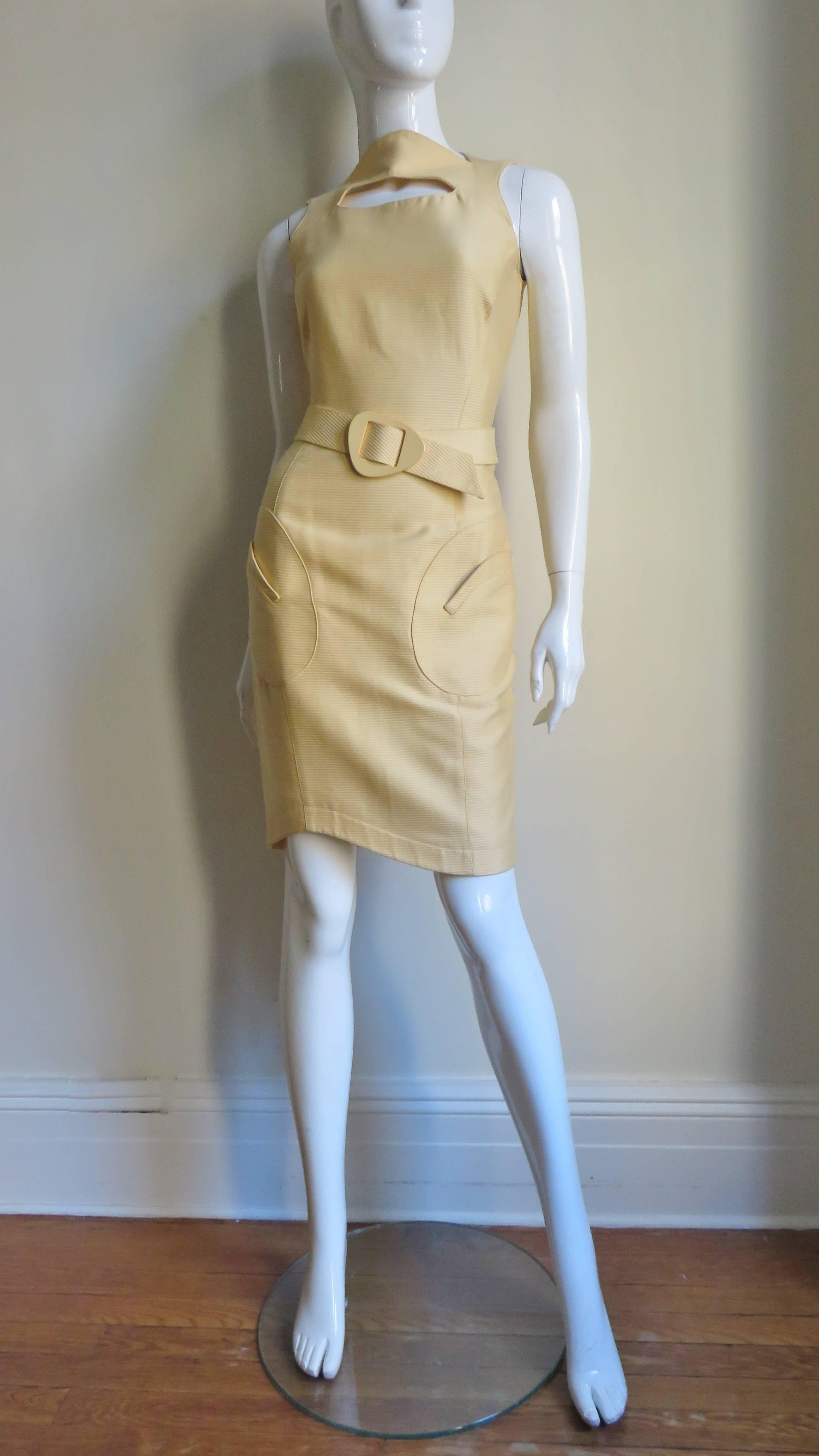 Beige Thierry Mugler Silk Cut out Dress with Belt For Sale