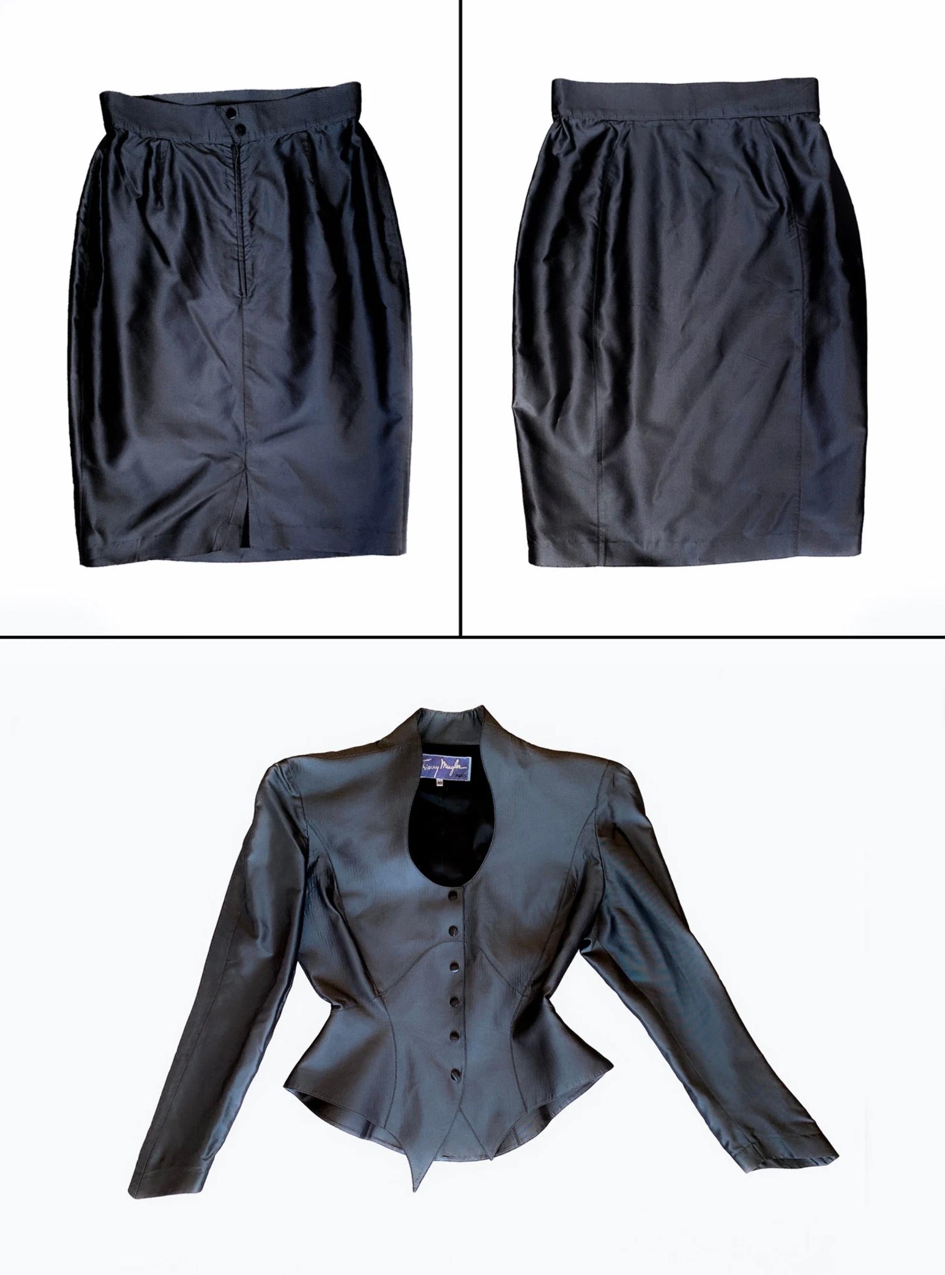 Thierry Mugler Dramatischer skulpturaler Seidenrock-Anzug mit Rocksuit, Jacke und Rock aus Seide im Angebot 2