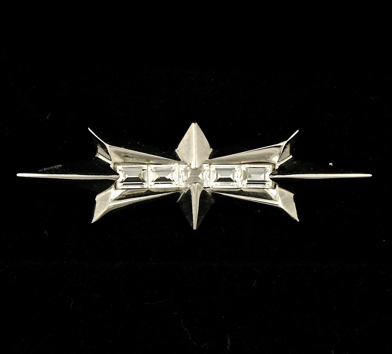 Women's or Men's Thierry Mugler Silver Tone Star Brooch with Emerald Cut Rhinestones For Sale