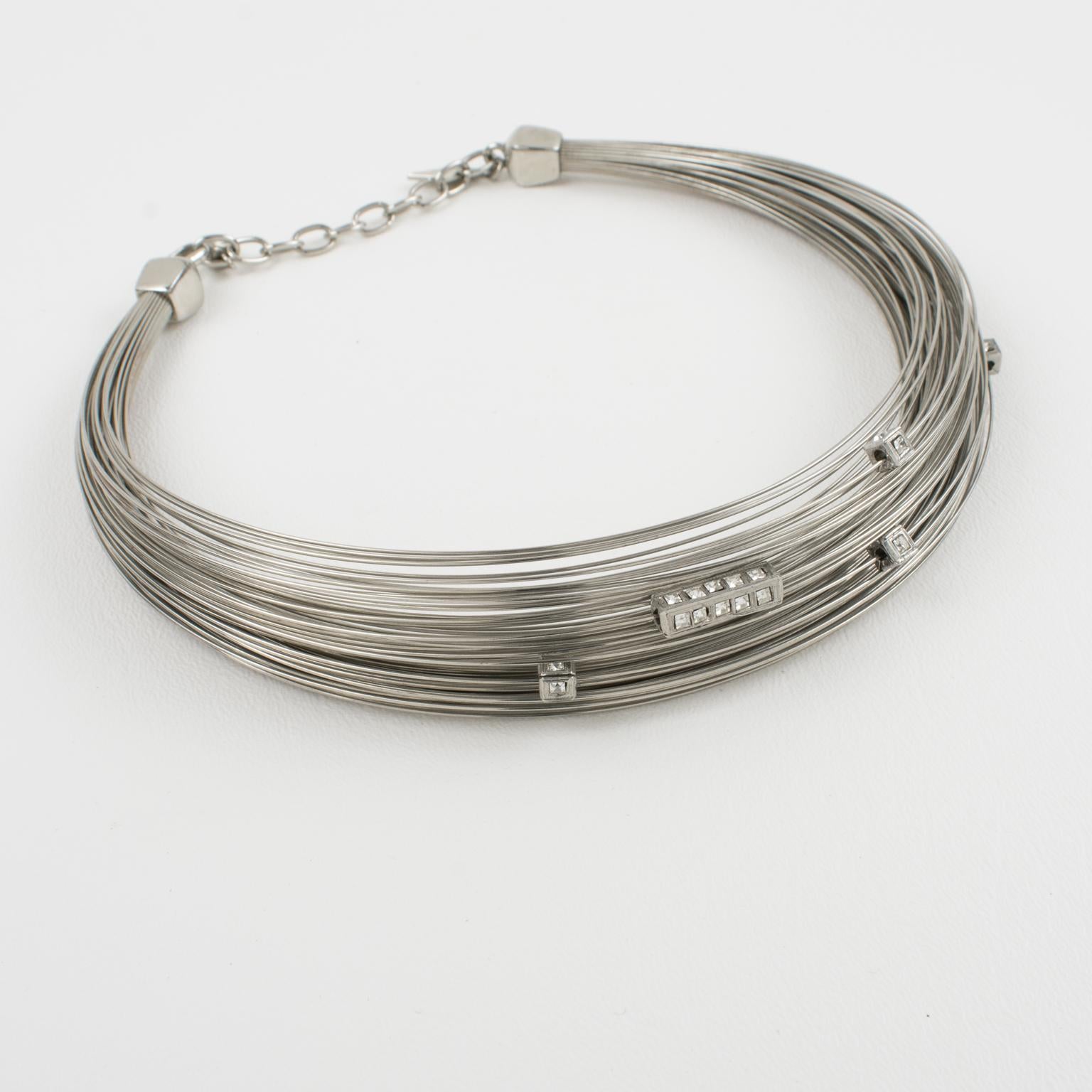 Thierry Mugler Silvered Metal Multi-Strand Wire Choker Necklace In Good Condition For Sale In Atlanta, GA