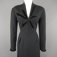 THIERRY MUGLER Size 6 Black Velvet Accent V Neck Long Sleeve Dress