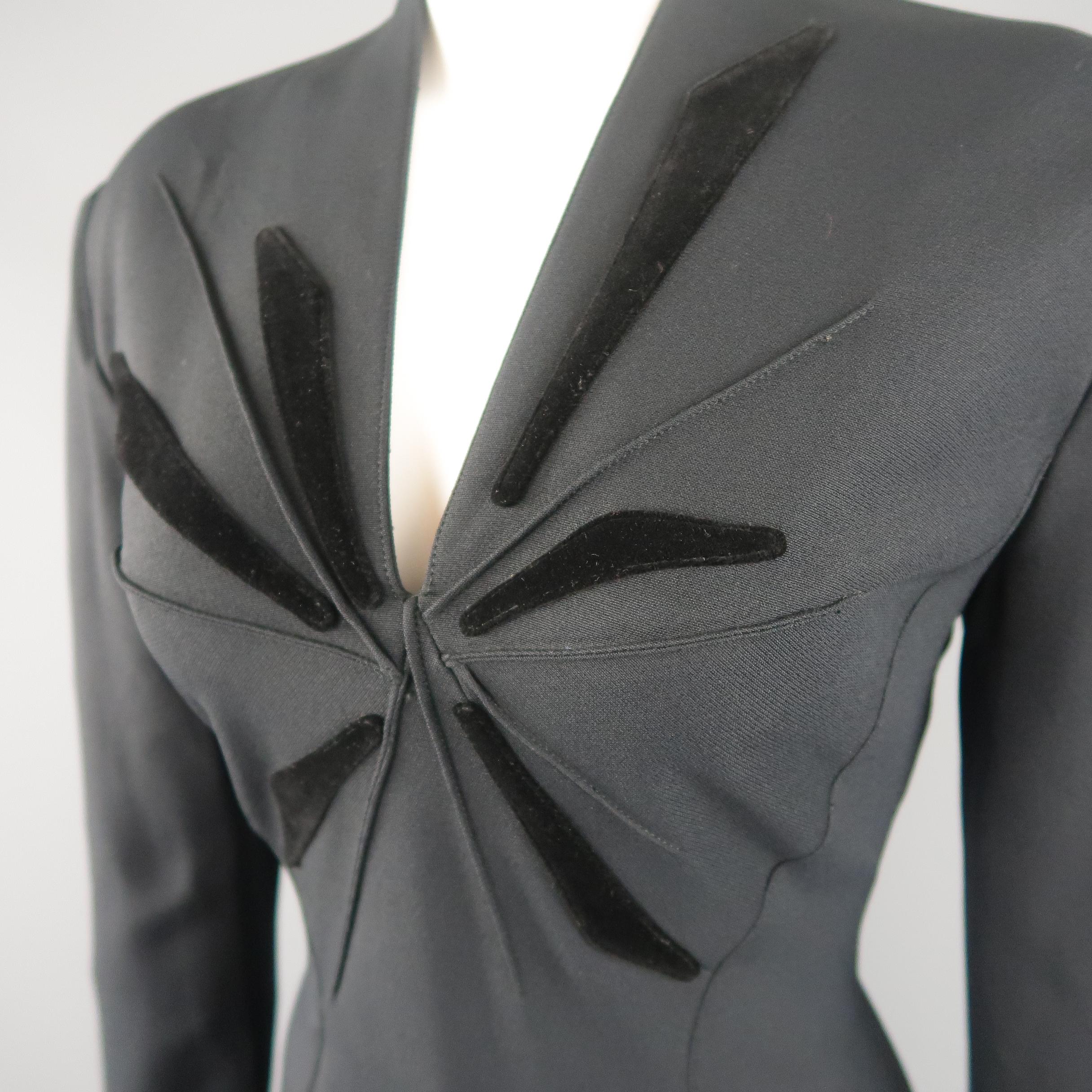 Women's THIERRY MUGLER Size 6 Black Velvet Accent V Neck Long Sleeve Dress