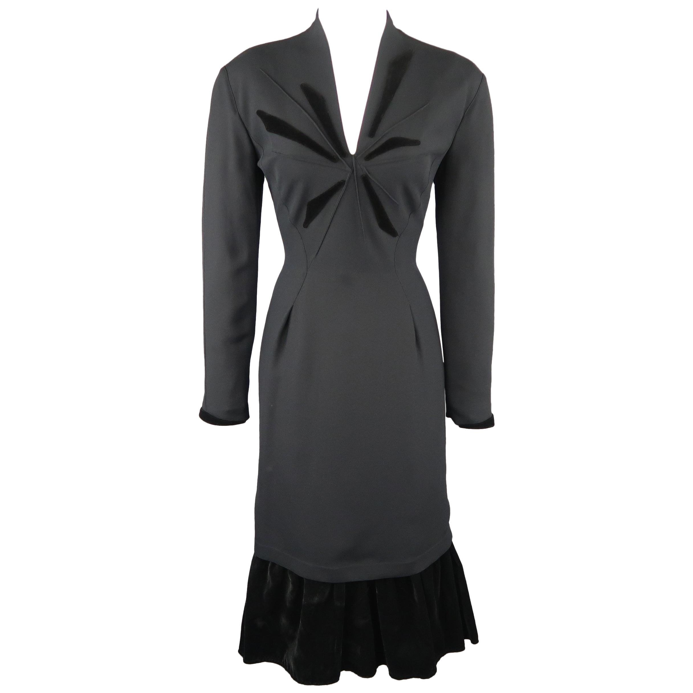 THIERRY MUGLER Size 6 Black Velvet Accent V Neck Long Sleeve Dress