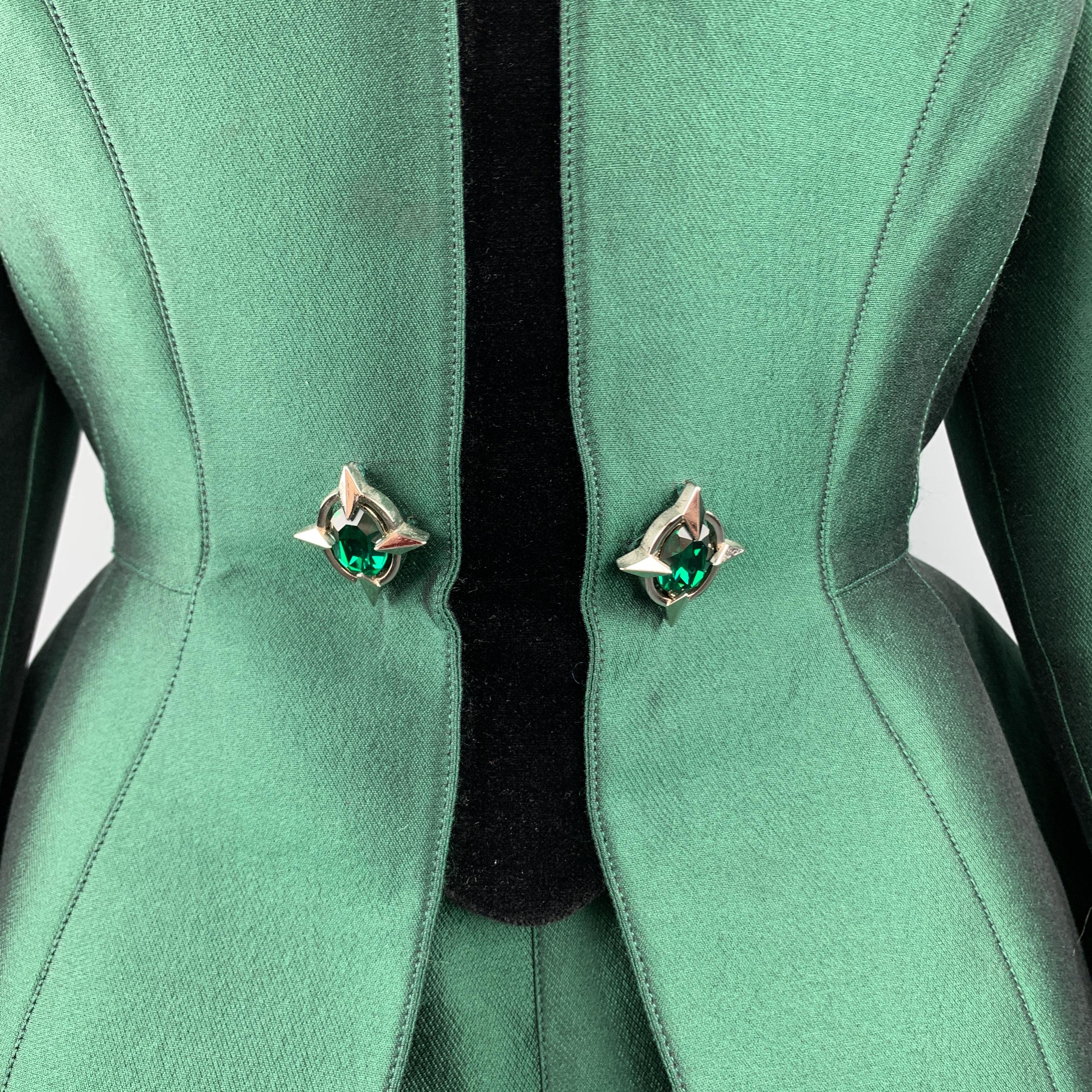 THIERRY MUGLER Size 8 Green Satin Velvet Panel Embellished Peplum Skirt Suit In Good Condition In San Francisco, CA