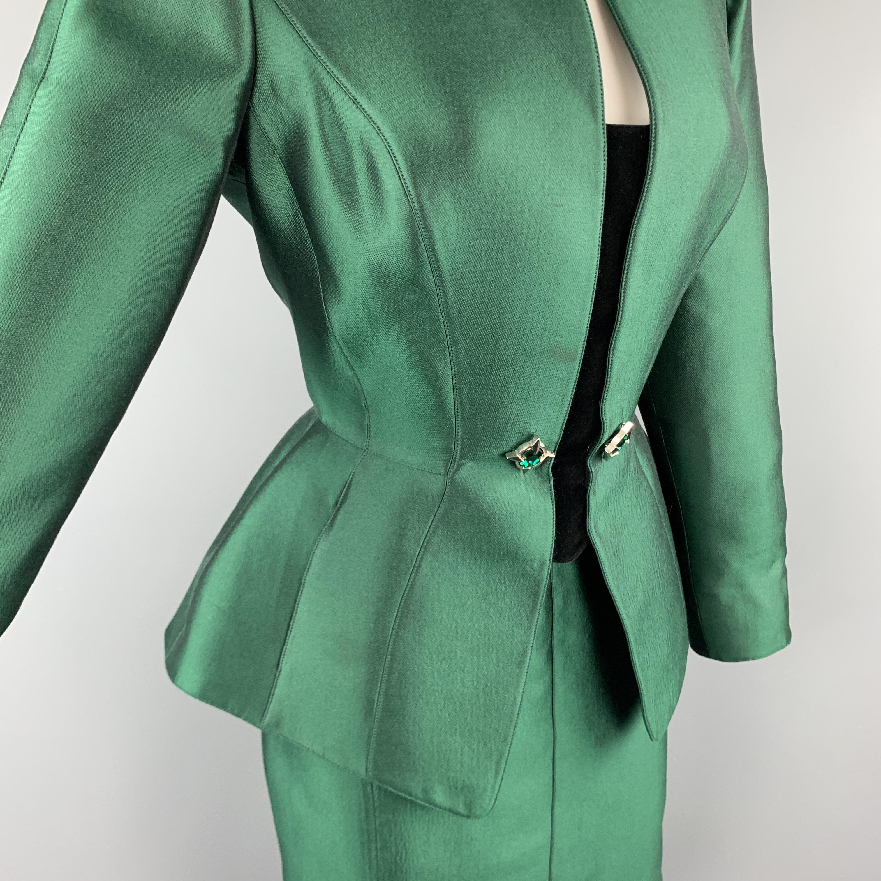 Women's THIERRY MUGLER Size 8 Green Satin Velvet Panel Embellished Peplum Skirt Suit