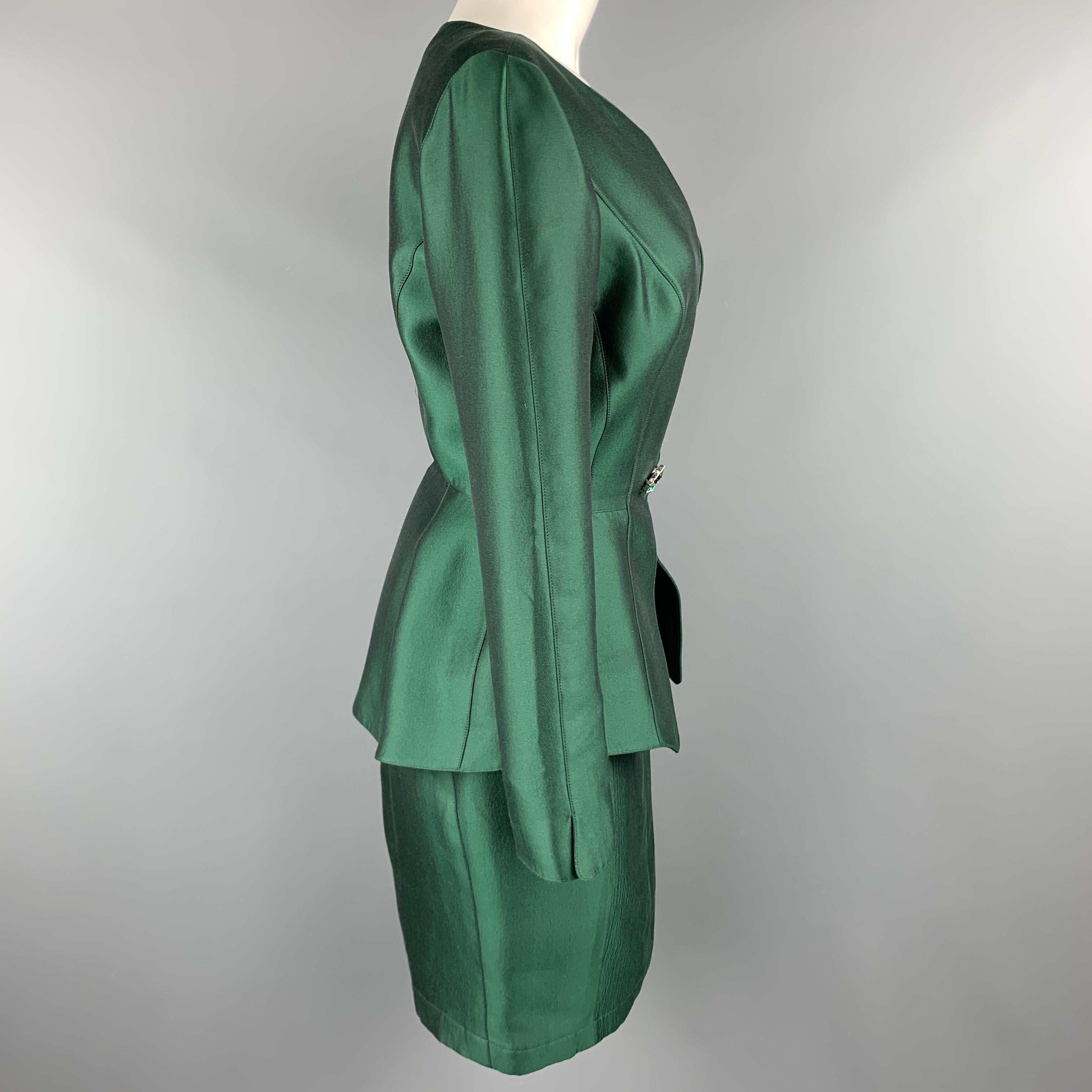 THIERRY MUGLER Size 8 Green Satin Velvet Panel Embellished Peplum Skirt Suit 1