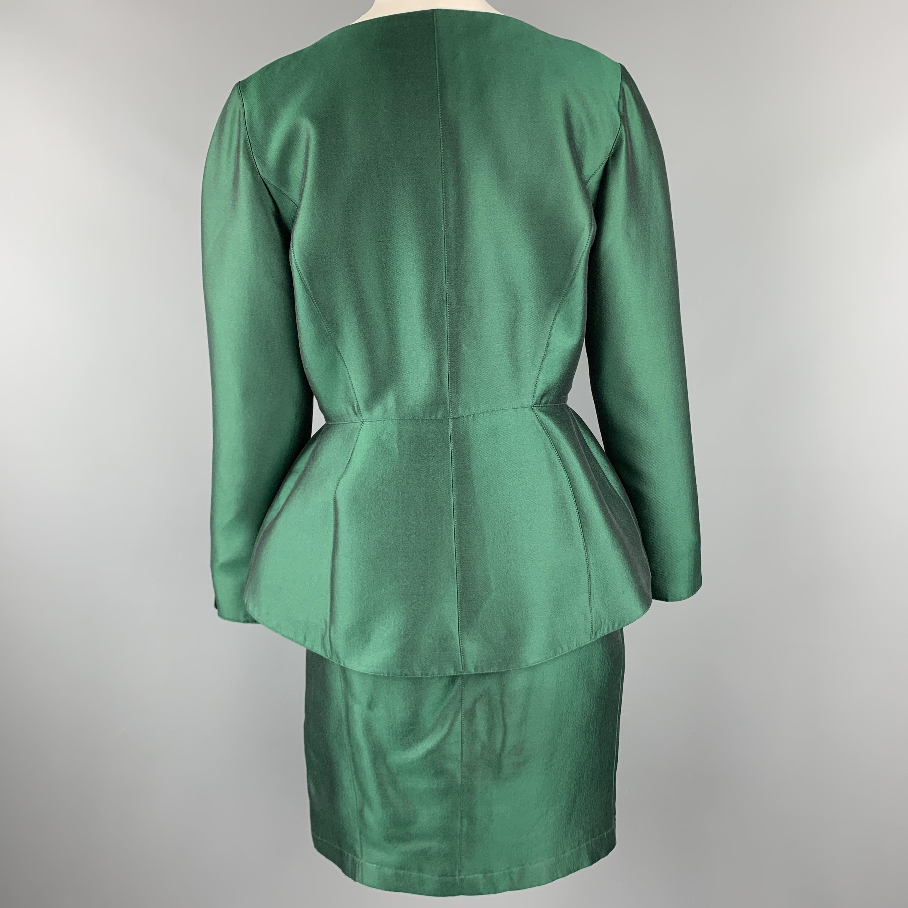 THIERRY MUGLER Size 8 Green Satin Velvet Panel Embellished Peplum Skirt Suit 2