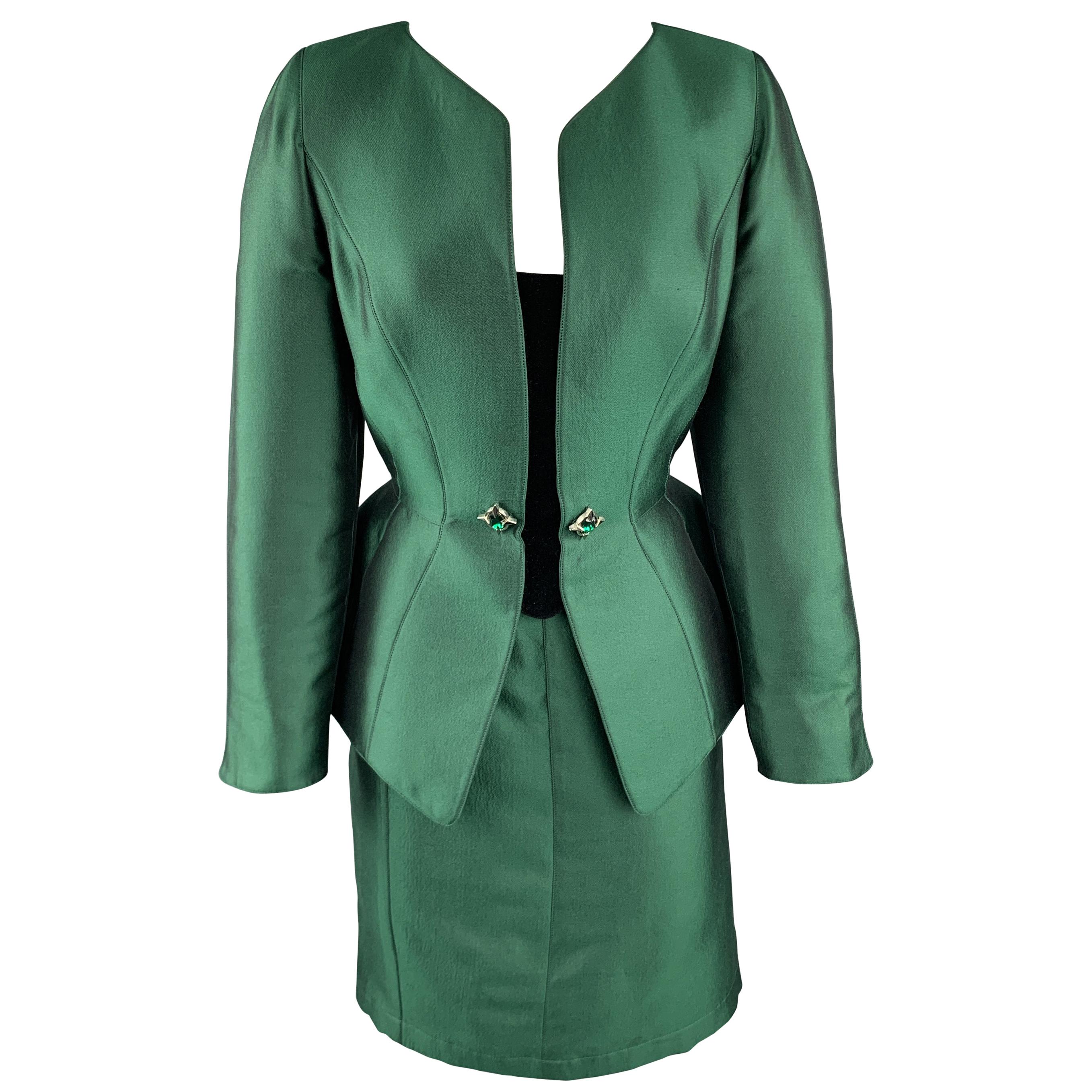 THIERRY MUGLER Size 8 Green Satin Velvet Panel Embellished Peplum Skirt Suit