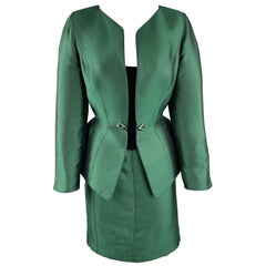 THIERRY MUGLER Taille 8 Jupe péplum en satin vert avec panneaux de velours embellis Costume