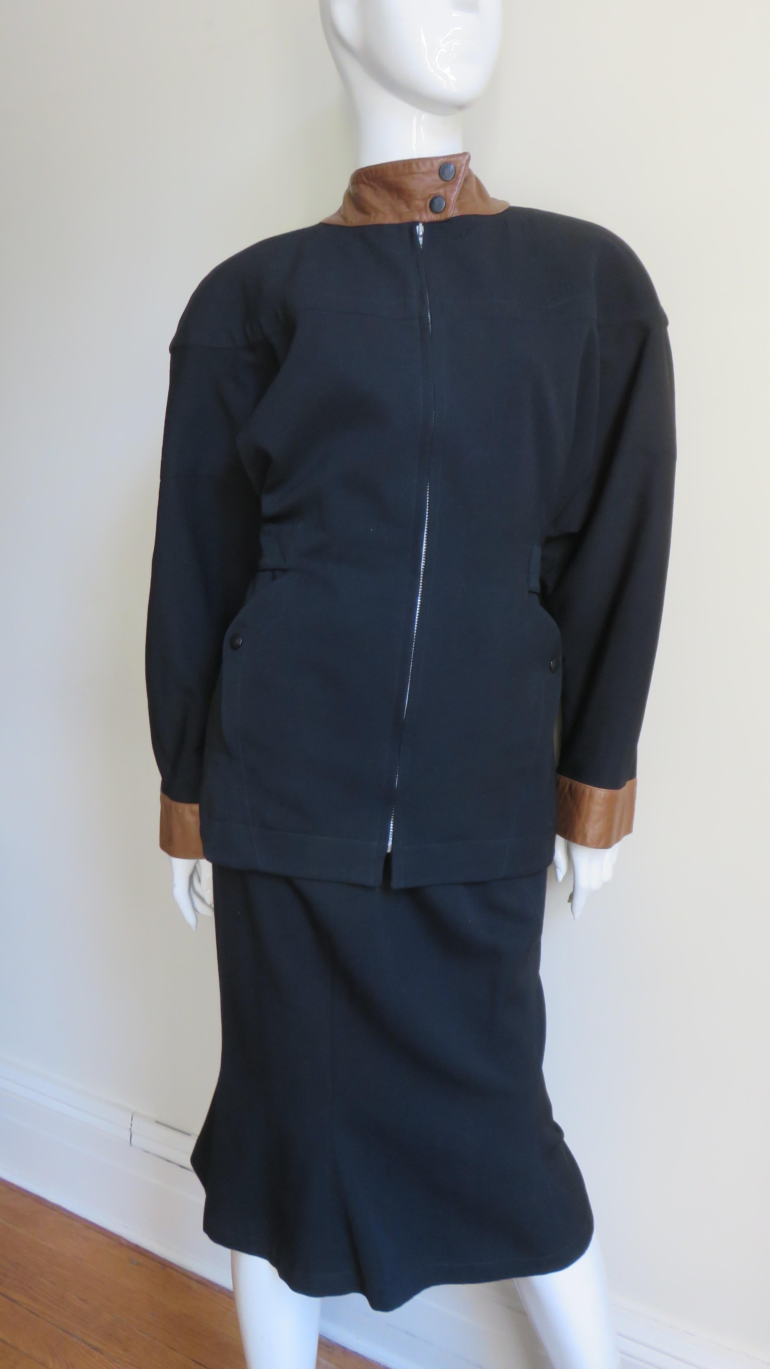 Thierry Mugler Skirt and Jacket Suit with Leather Trim In Good Condition In Water Mill, NY