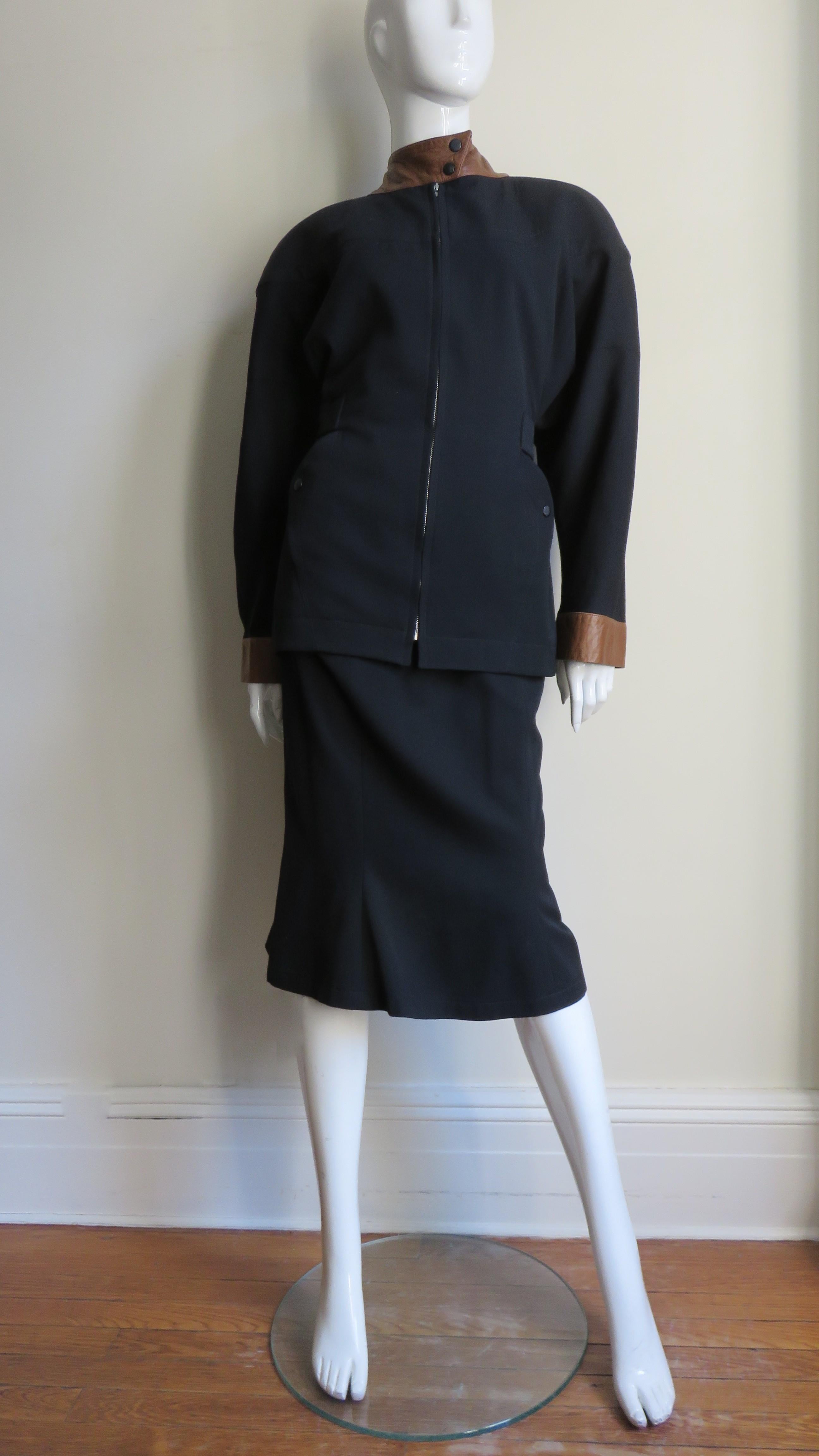 Thierry Mugler Skirt and Jacket Suit with Leather Trim 1