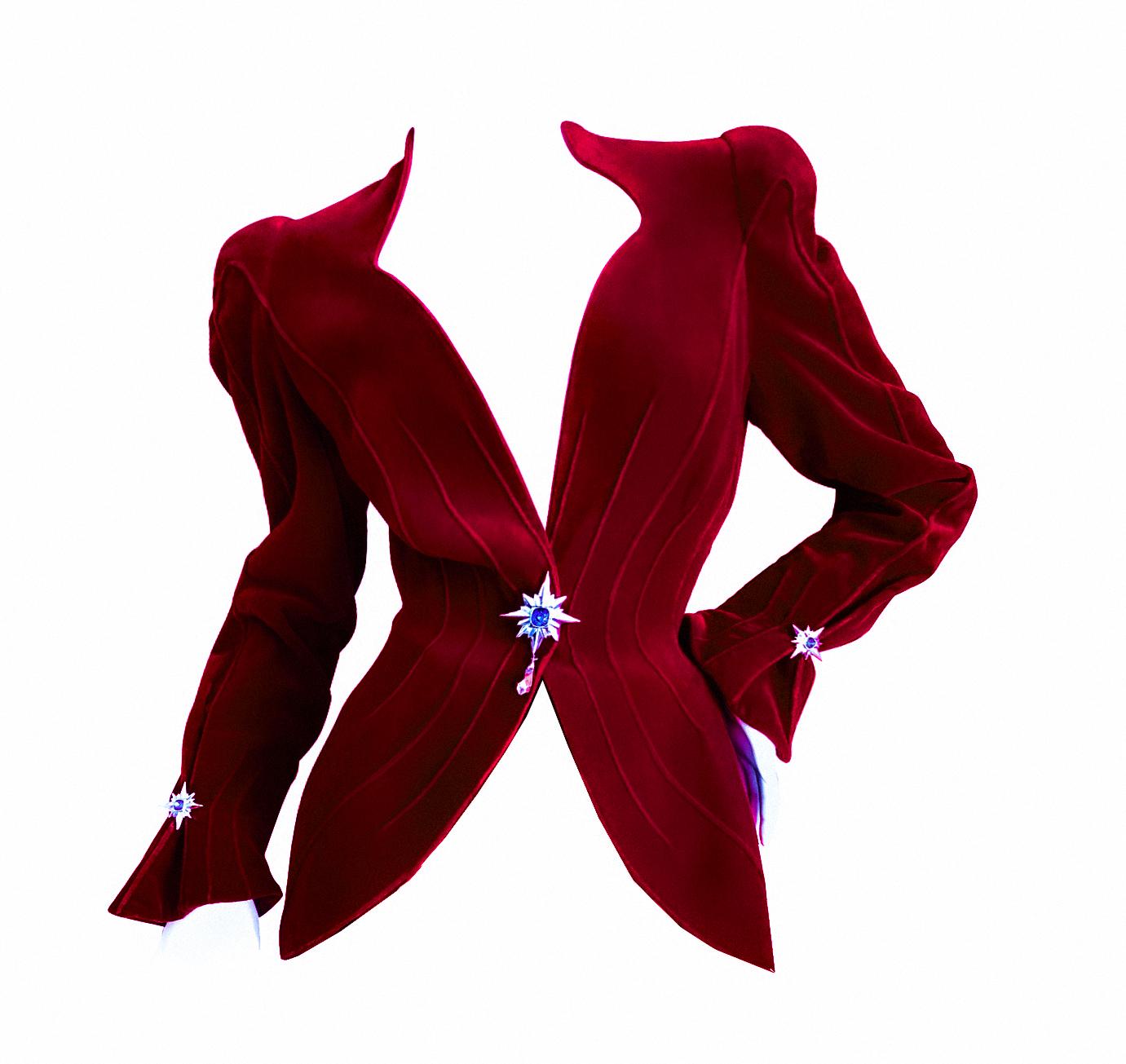 Thierry Mugler Spectacular Red Velvet Crystal Star Gem Blazer Jacket  1