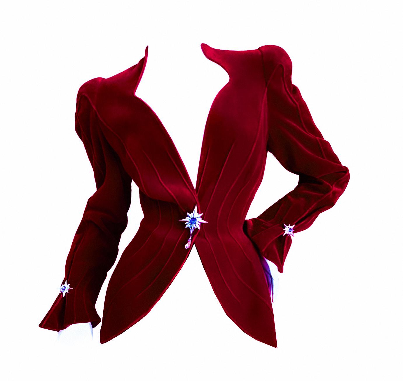 Thierry Mugler Spectacular Red Velvet Crystal Star Gem Blazer Jacket 1