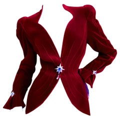 Thierry Mugler Spectacular Red Velvet Crystal Star Gem Blazer Jacket 