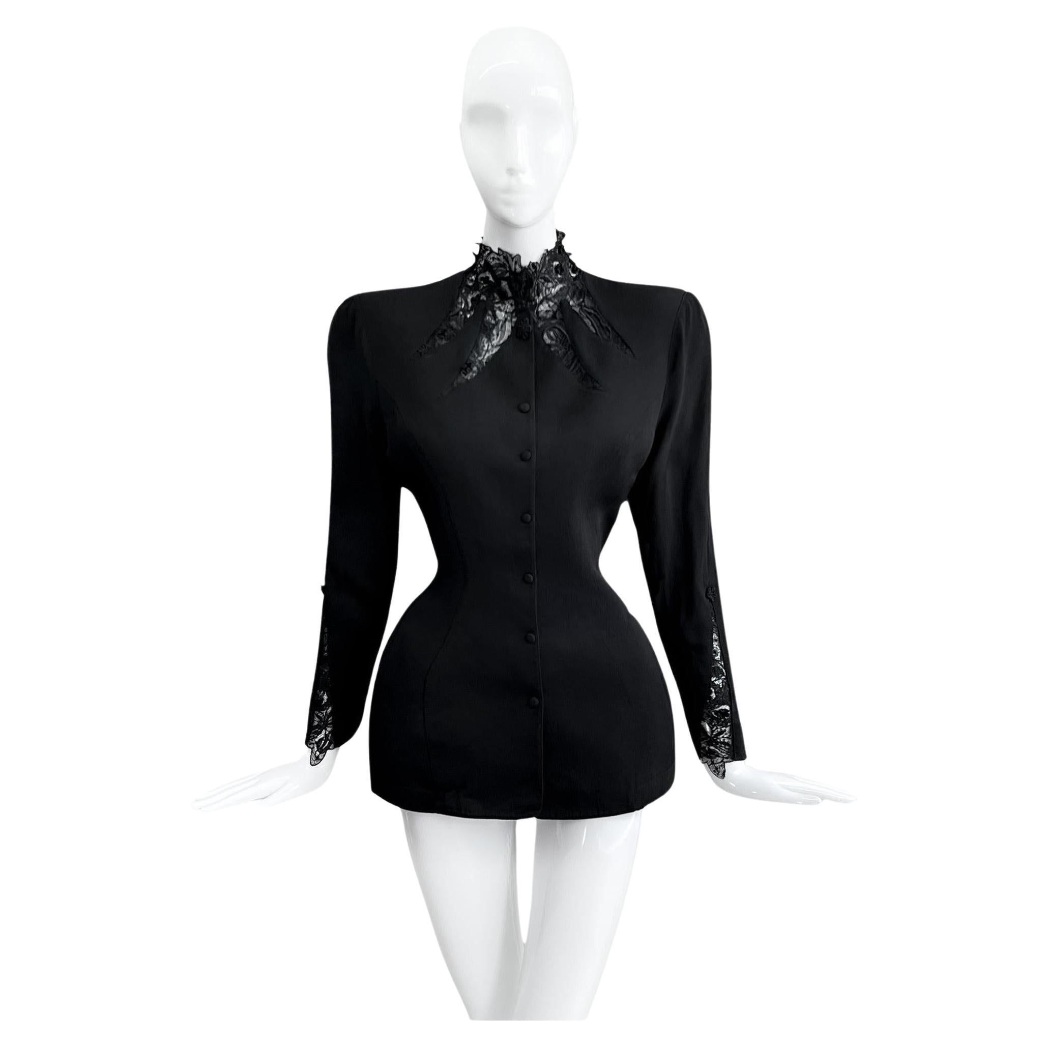 Thierry Mugler SS 1991 Sexy Black Jacket Cutout Lace For Sale