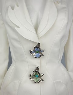 Thierry Mugler SS 1995 White Flower Brooch Adorned Jacket