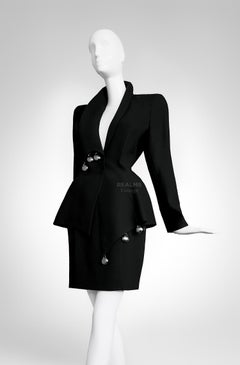 Thierry Mugler SS1998 Black Skirt Suit Dramatic Silver Metal Jacket Skirt