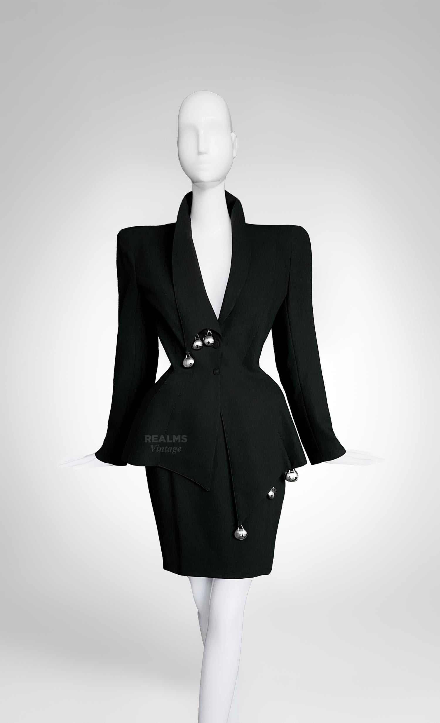 Women's Thierry Mugler SS1998 Black Skirt Suit Dramatic Silver Metal Jacket Skirt For Sale