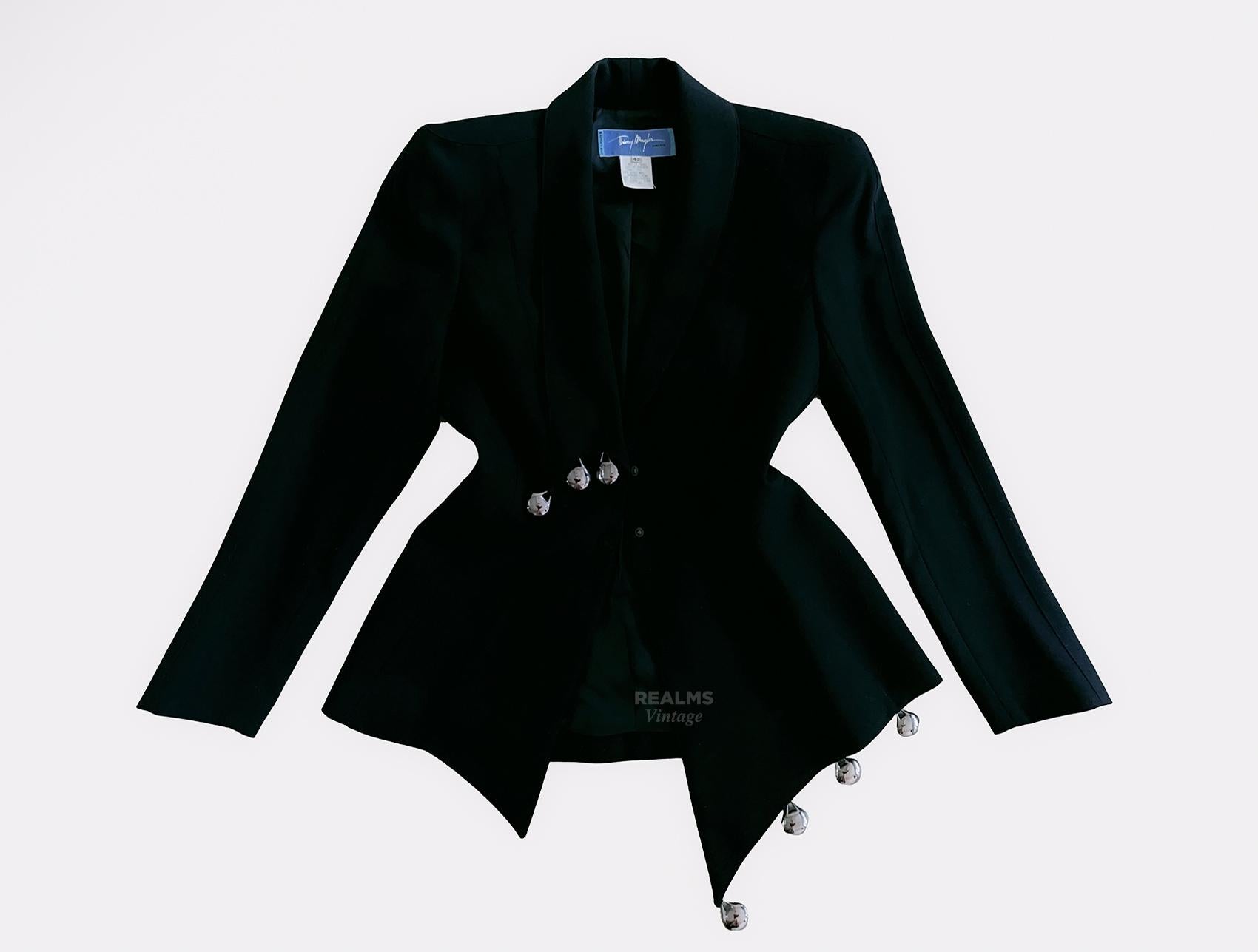Thierry Mugler SS1998 Tailleur jupe noire dramatique veste métallique argentée en vente 2