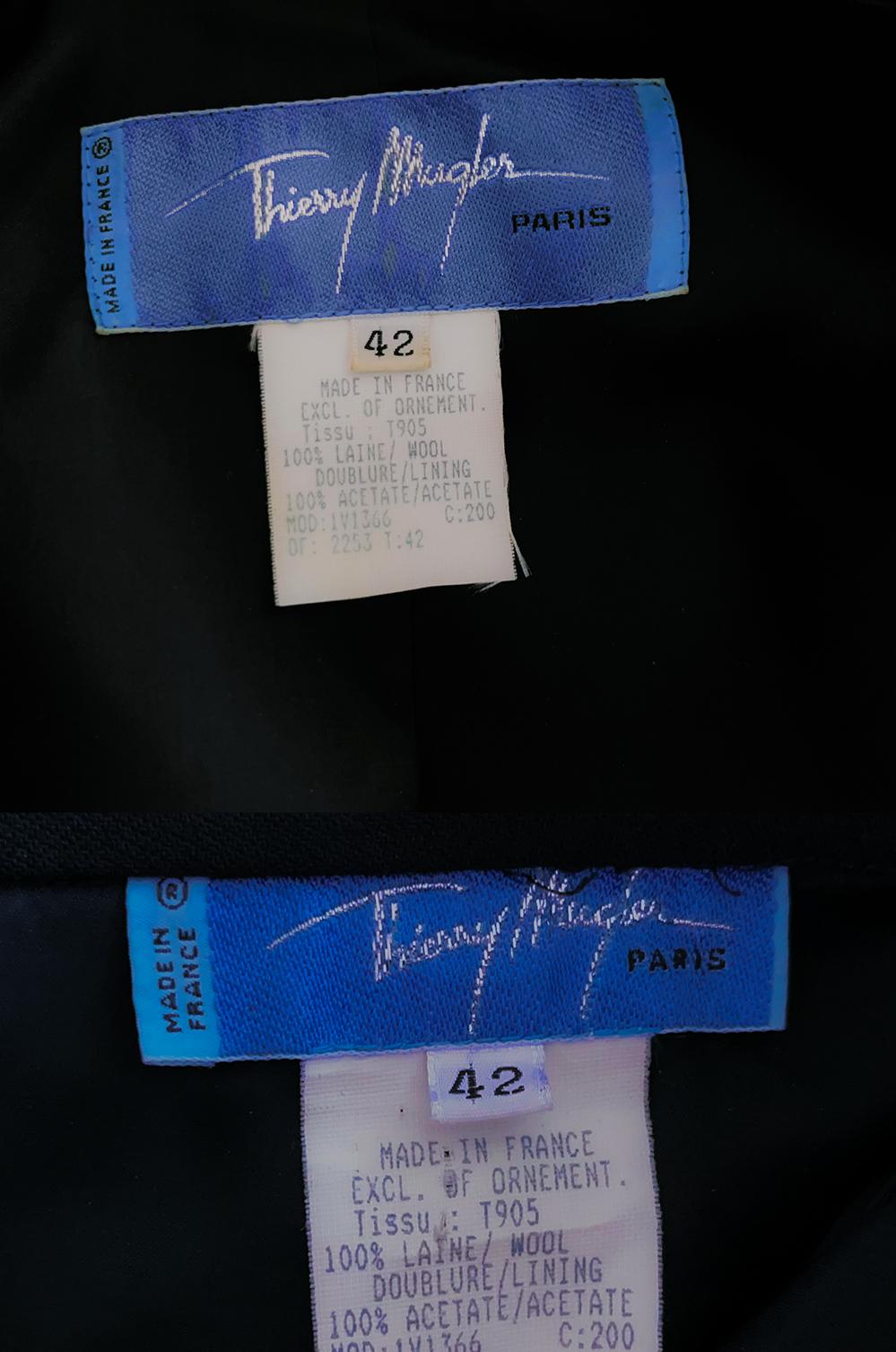 Thierry Mugler SS1998 Tailleur jupe noire dramatique veste métallique argentée en vente 3