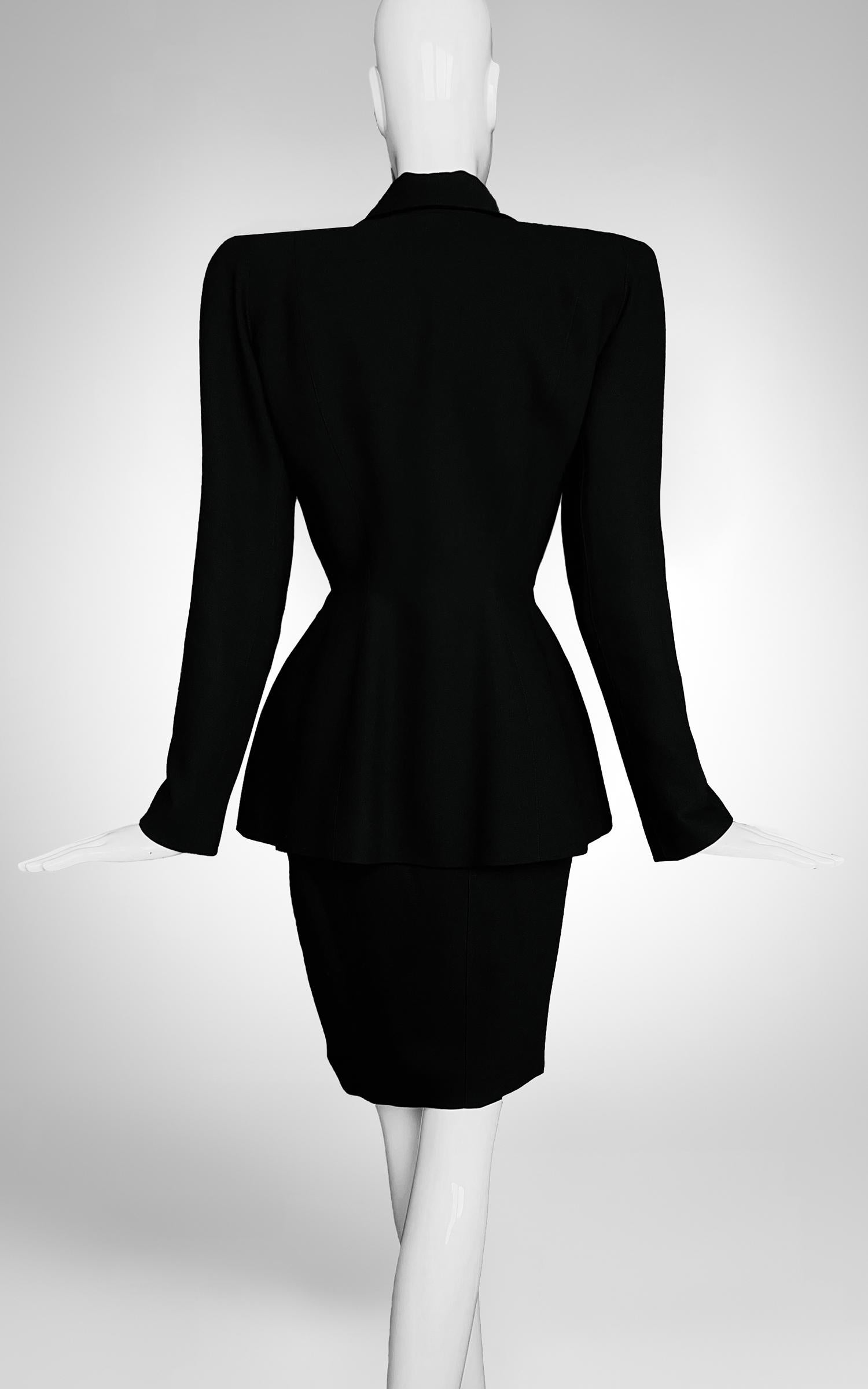 Thierry Mugler SS1998 Tailleur jupe noire dramatique veste métallique argentée en vente 5