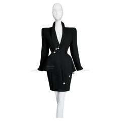 Thierry Mugler SS1998 Black Skirt Suit Dramatic Silver Metal Jacket Skirt