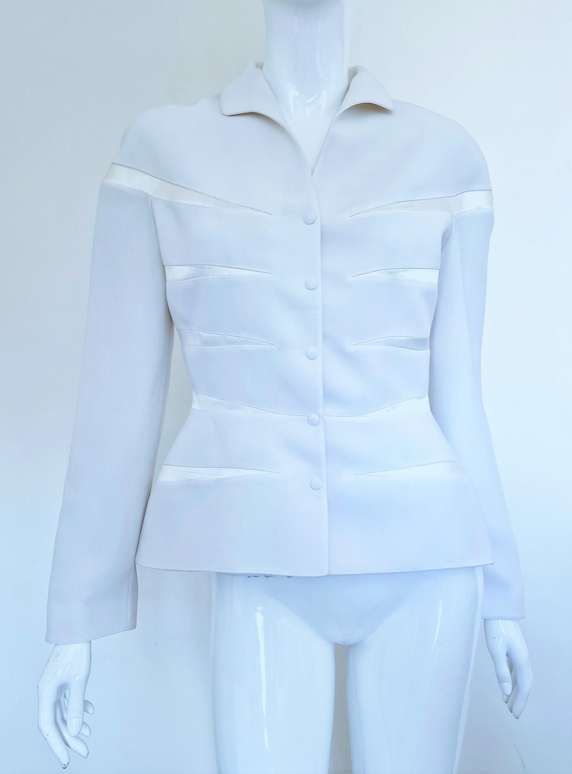 Gray Thierry Mugler Striped Panel Shadow Waist Bee White Vintage Coat Blazer Jacket For Sale