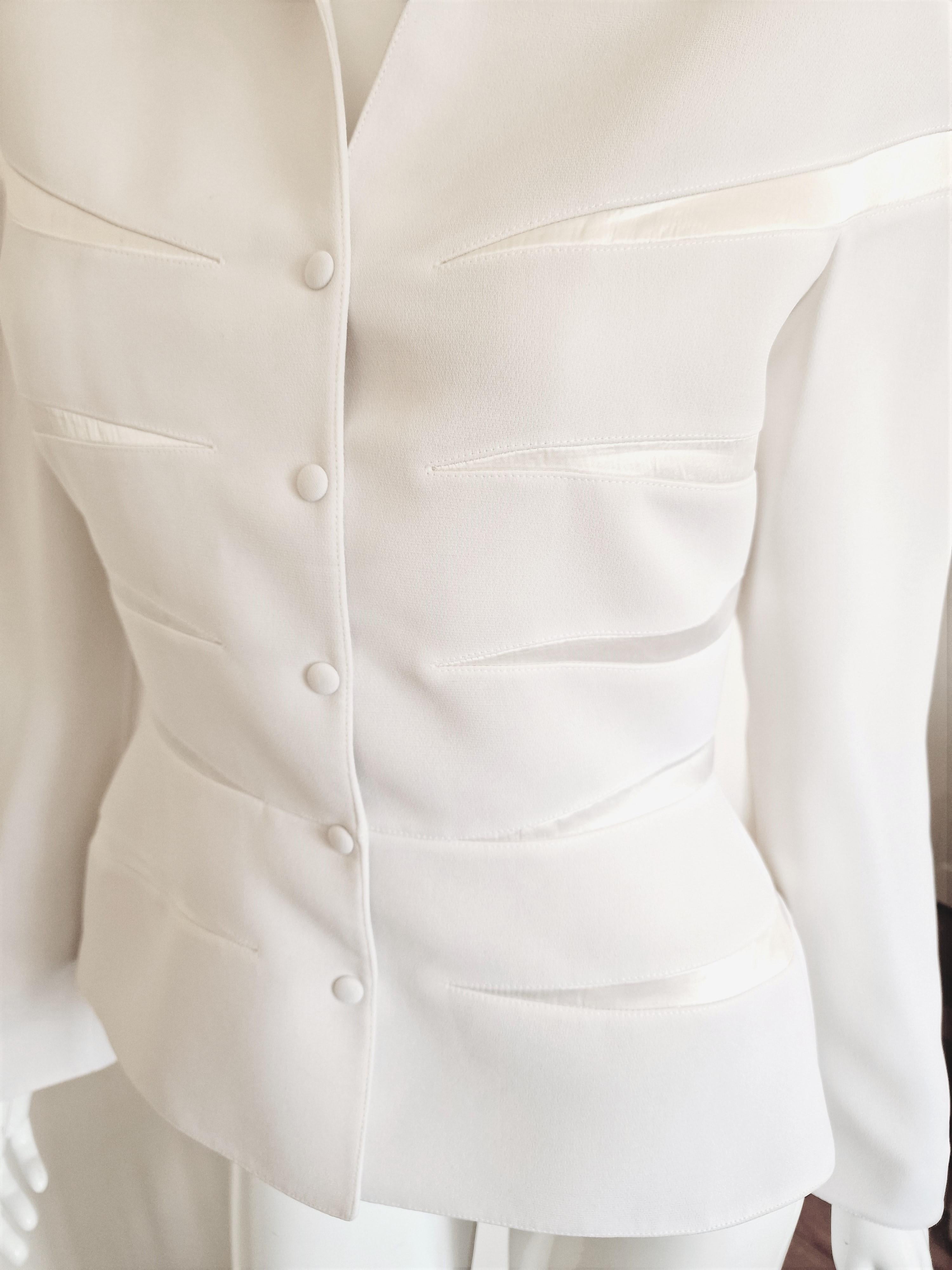 Women's Thierry Mugler Striped Panel Shadow Waist Bee White Vintage Coat Blazer Jacket For Sale