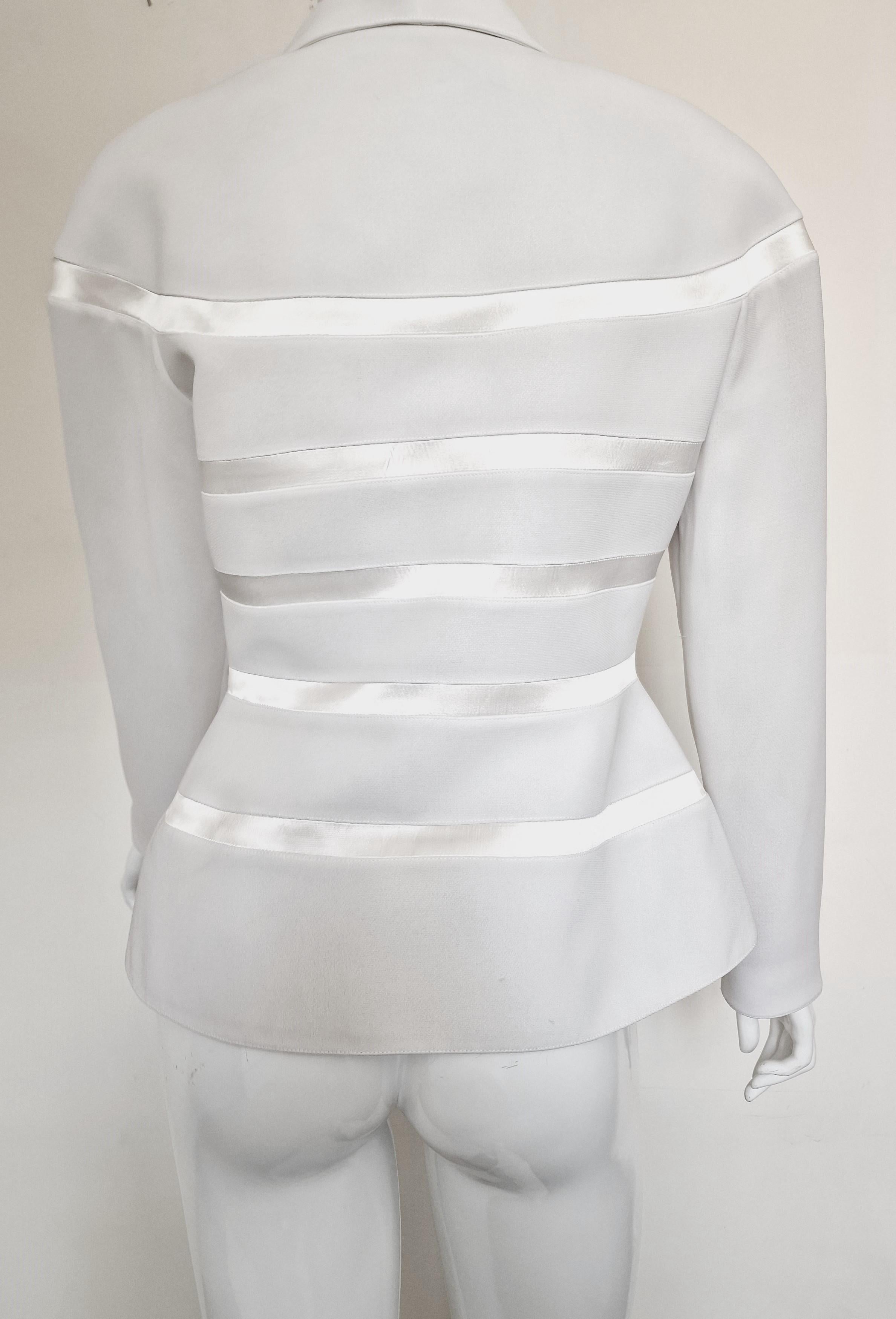 Thierry Mugler Striped Panel Shadow Waist Bee White Vintage Coat Blazer Jacket For Sale 1