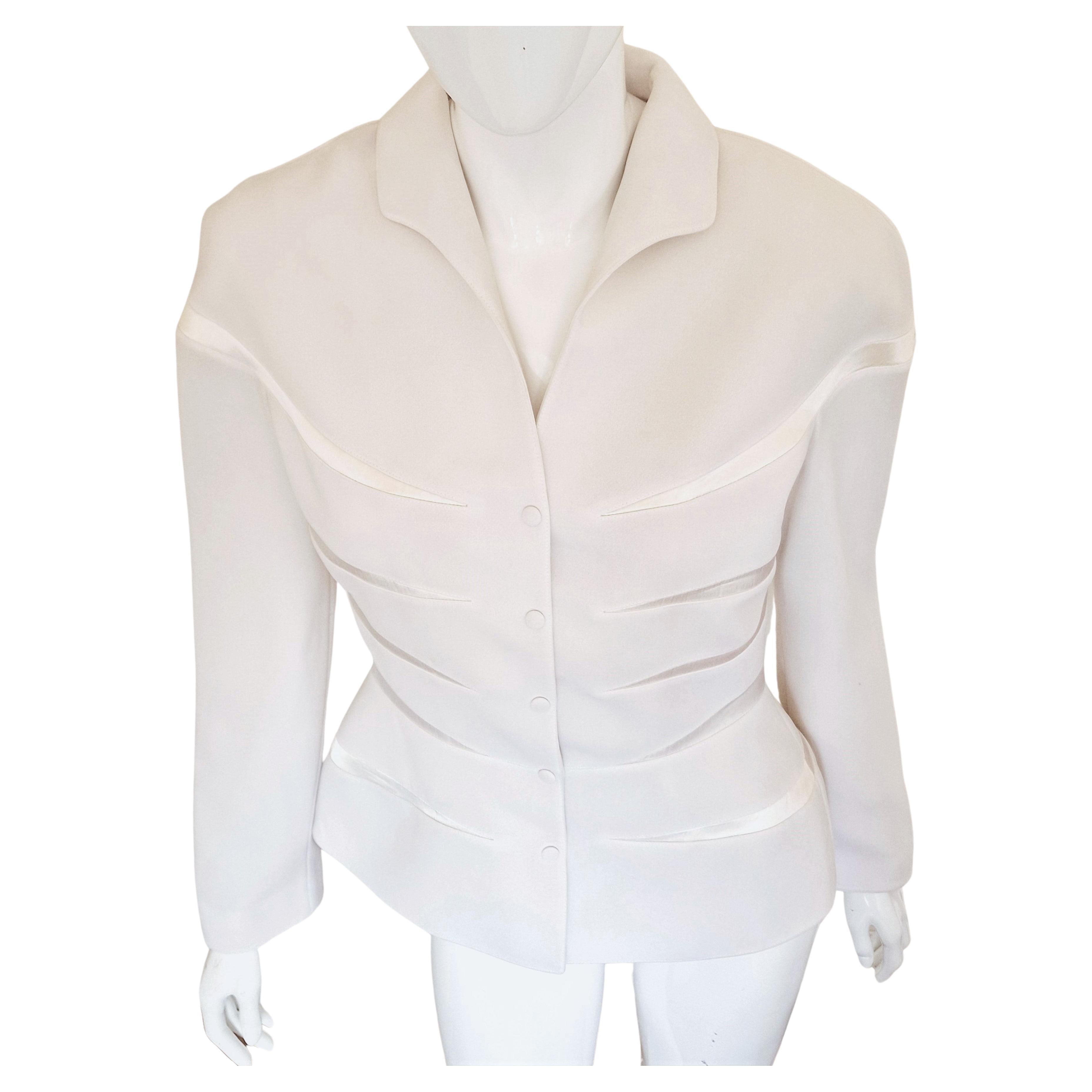 Thierry Mugler Striped Panel Shadow Waist Bee White Vintage Coat Blazer Jacket