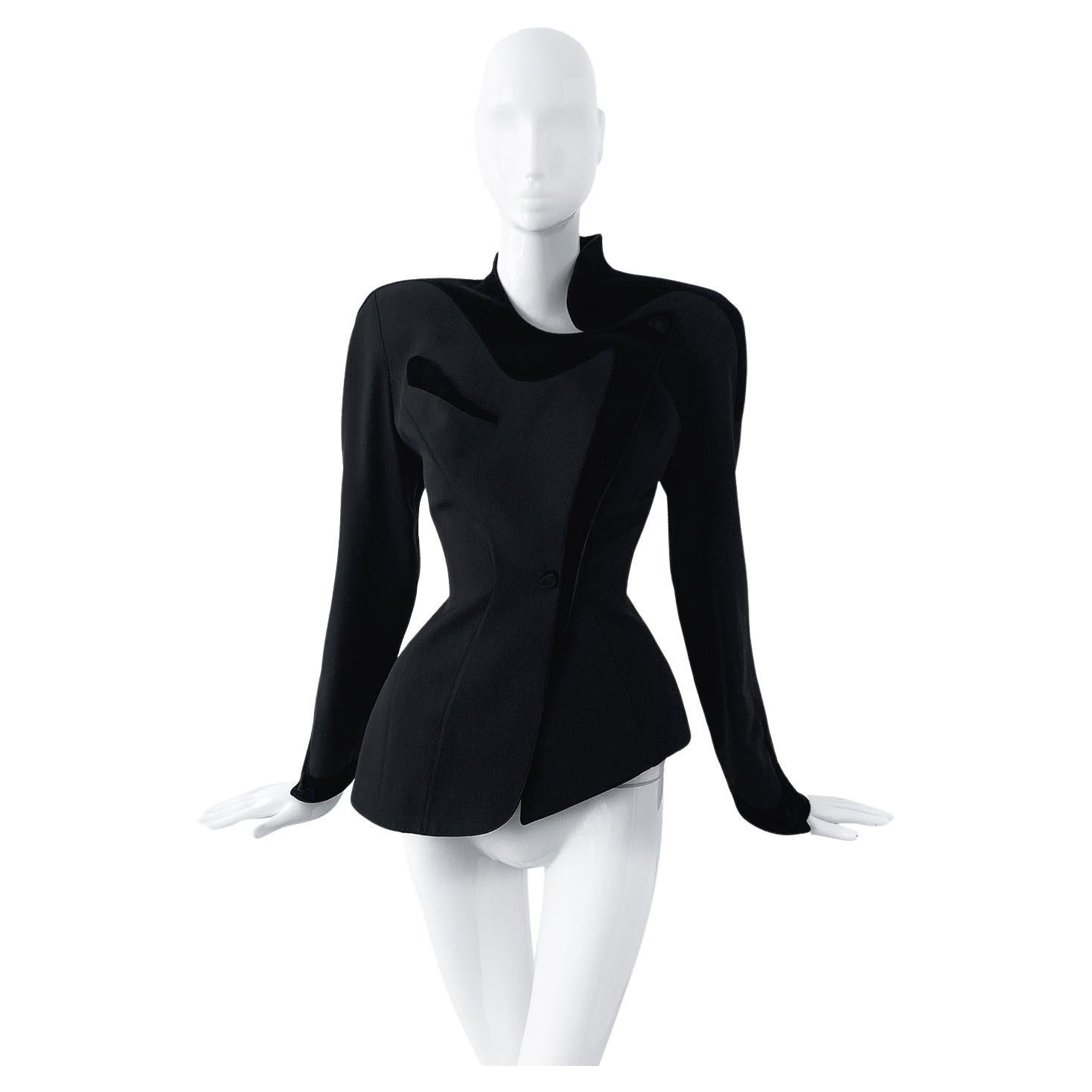 Thierry Mugler Stunning Sculptural Blazer Jacket Dramatic Black Velvet Asymetric