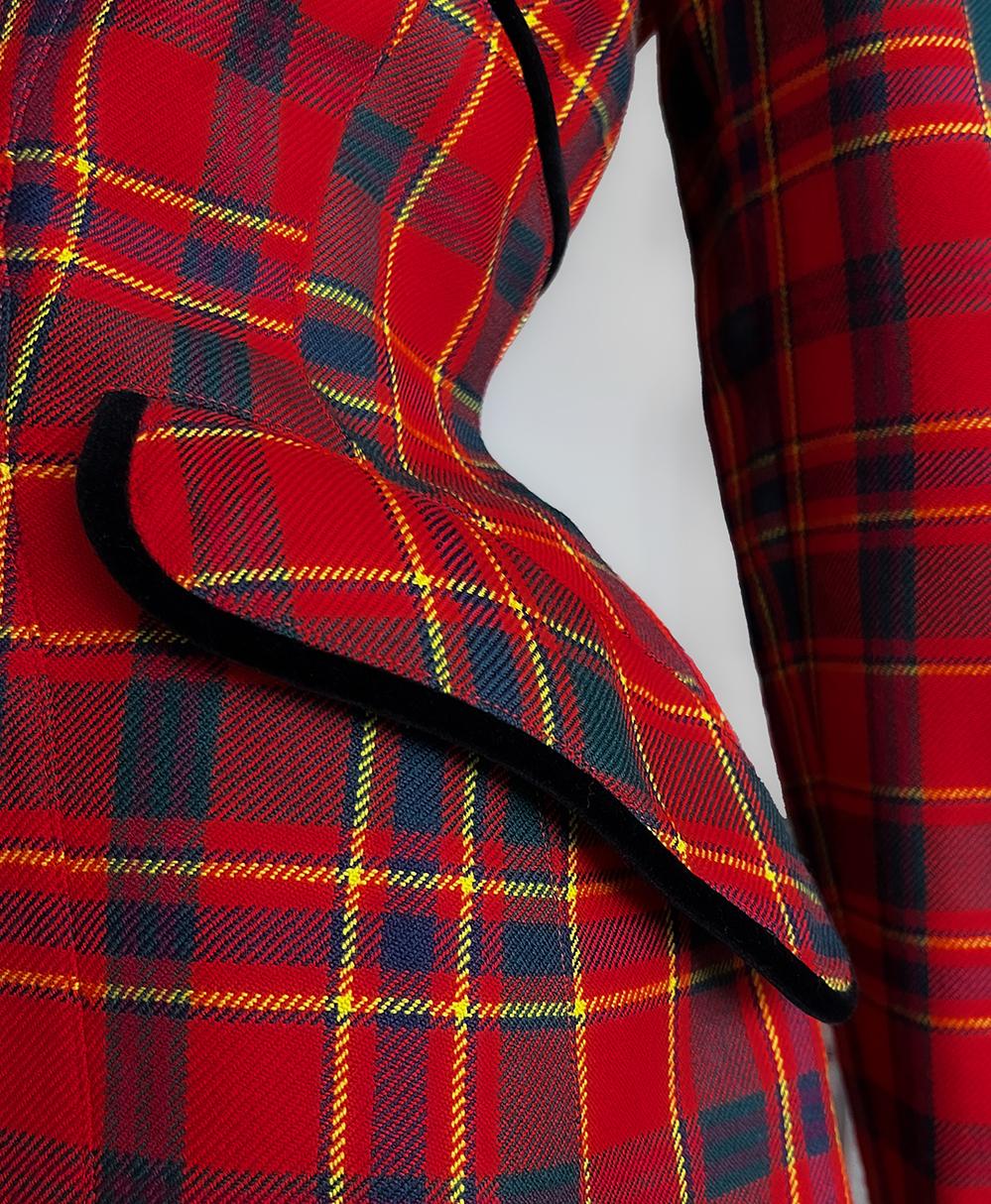 Stunning Thierry Mugler taartan wool skirt suit, jacket and skirt.
Designed by the visionary Thierry Mugler, it celebrates the female form with a fabulous electricity. The tartan plaid weaves a story of bold heritage and untamed modernity. The