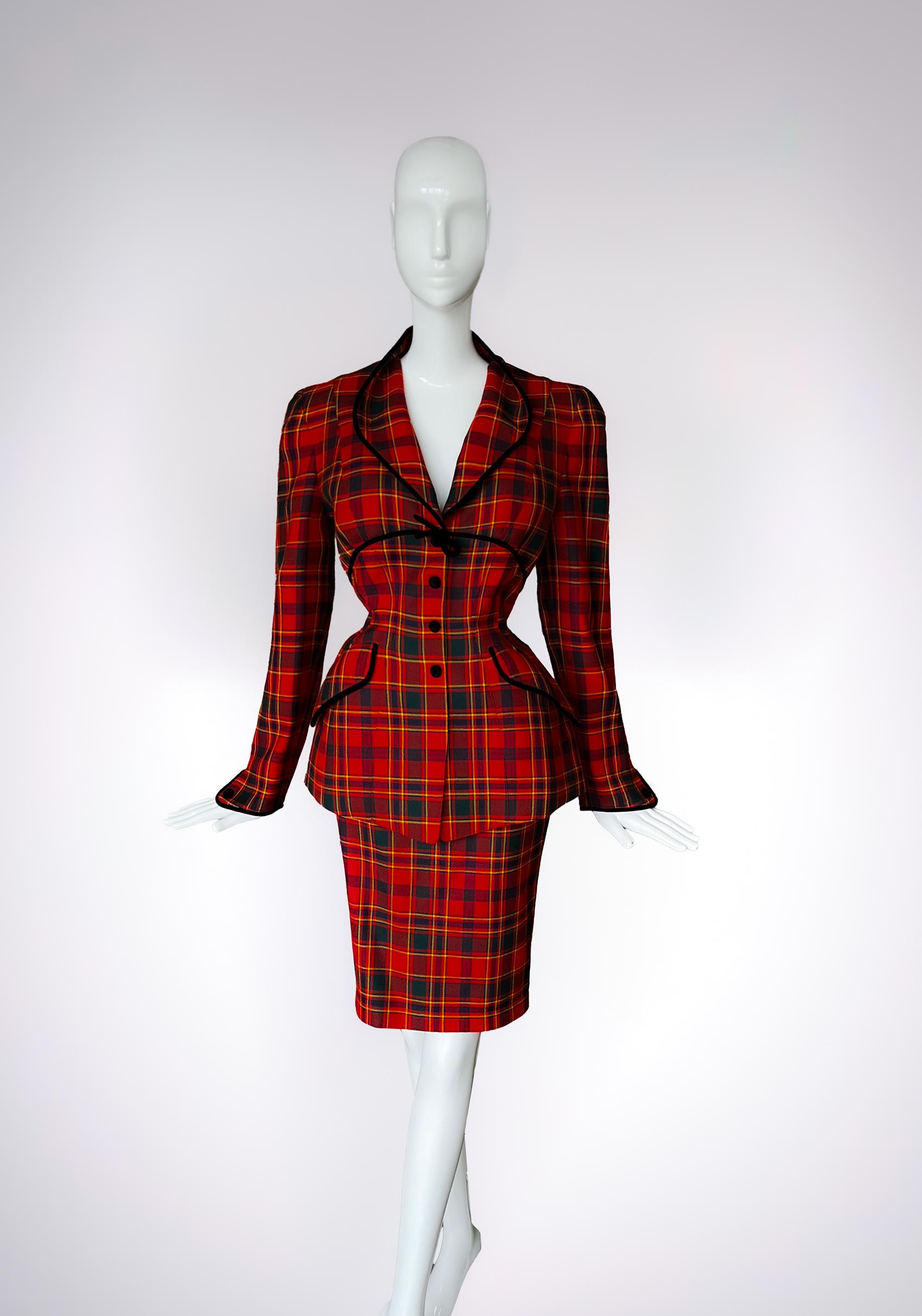 Women's Thierry Mugler FW 1995 Tartan Skirt Suit Velvet Details Sculptural Red Black