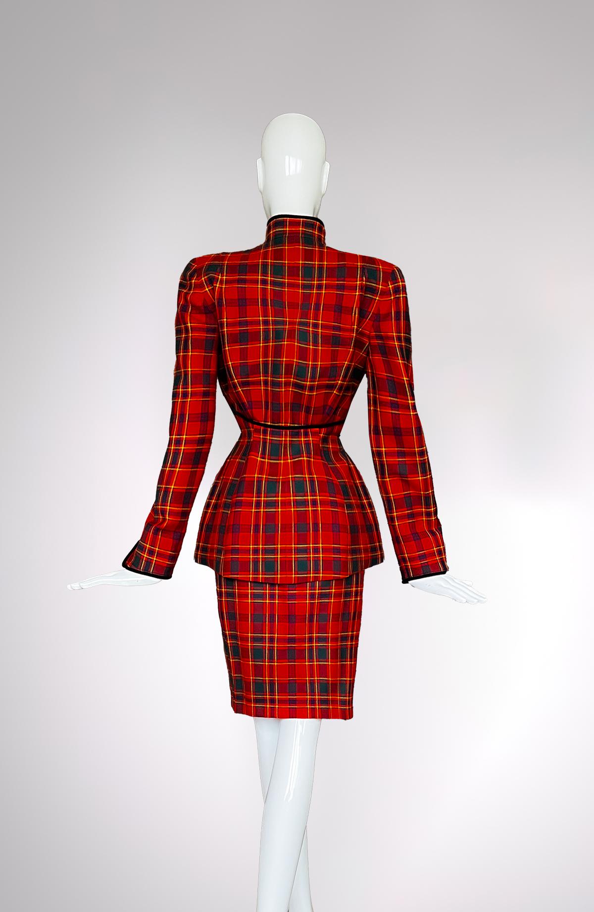 Thierry Mugler FW 1995 Tartan Skirt Suit Velvet Details Sculptural Red Black 1