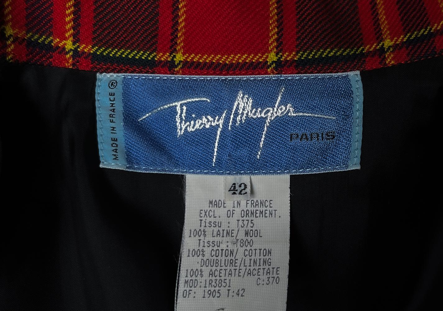 Thierry Mugler FW 1995 Tartan Skirt Suit Velvet Details Sculptural Red Black 2