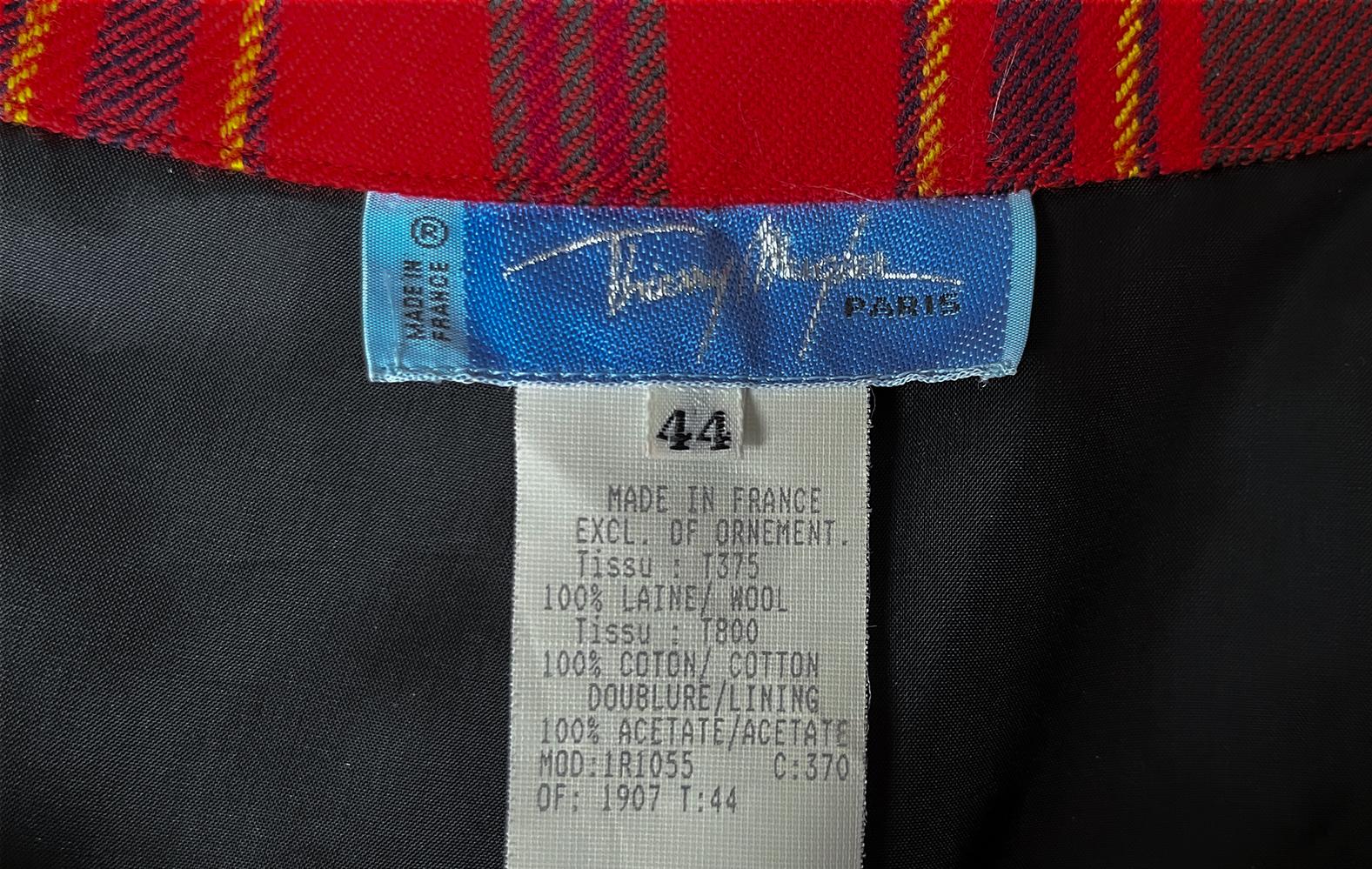 Thierry Mugler FW 1995 Tartan Skirt Suit Velvet Details Sculptural Red Black 3
