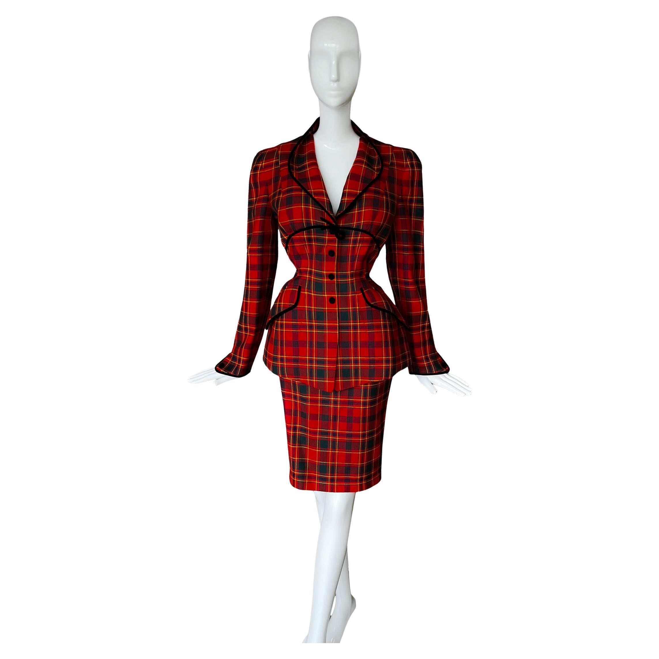 Thierry Mugler FW 1995 Tartan Skirt Suit Velvet Details Sculptural Red Black