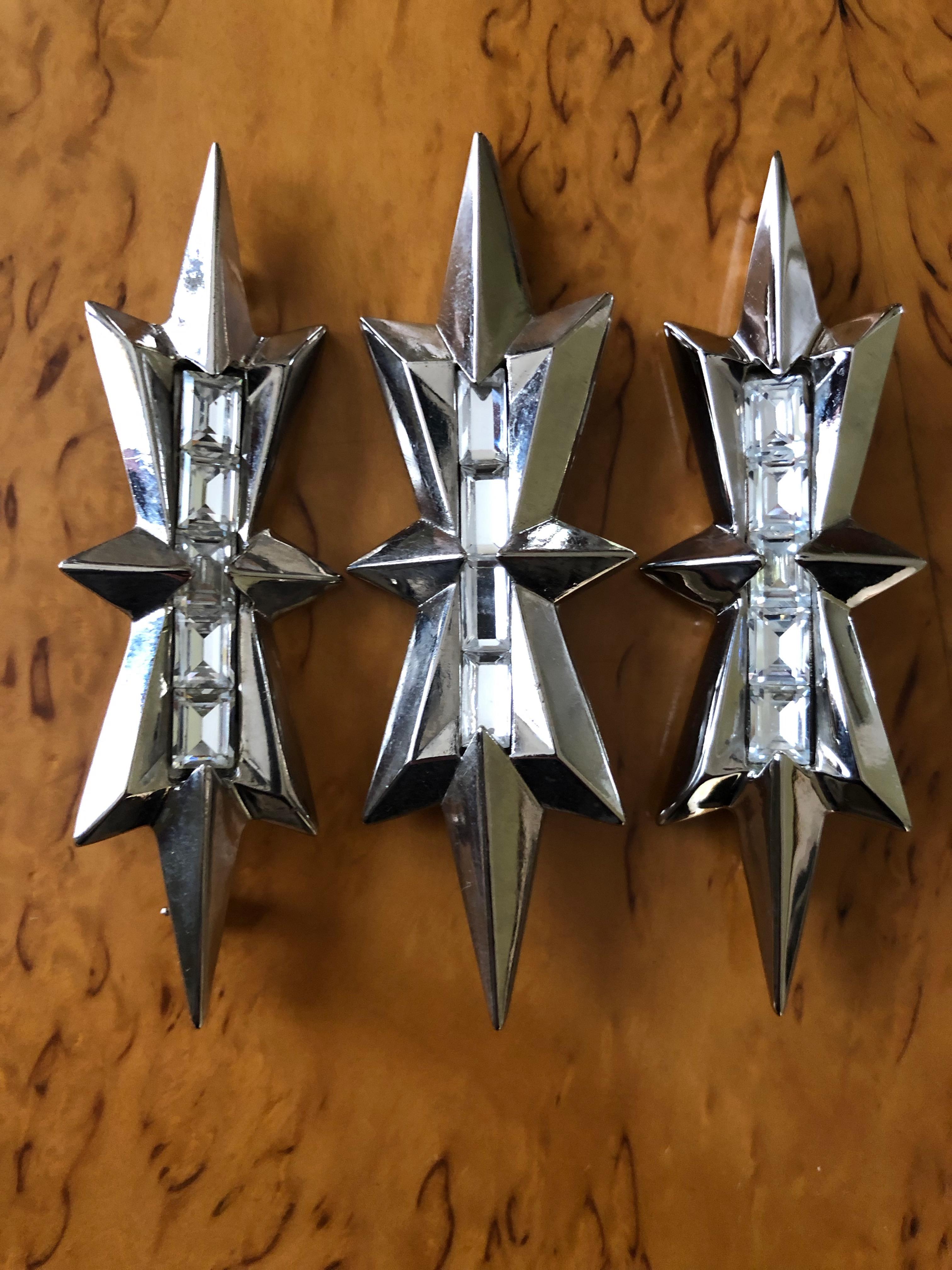 Thierry Mugler Vintage Three SIlver Alien Star Pins w Baguette Crystal Accents.
3