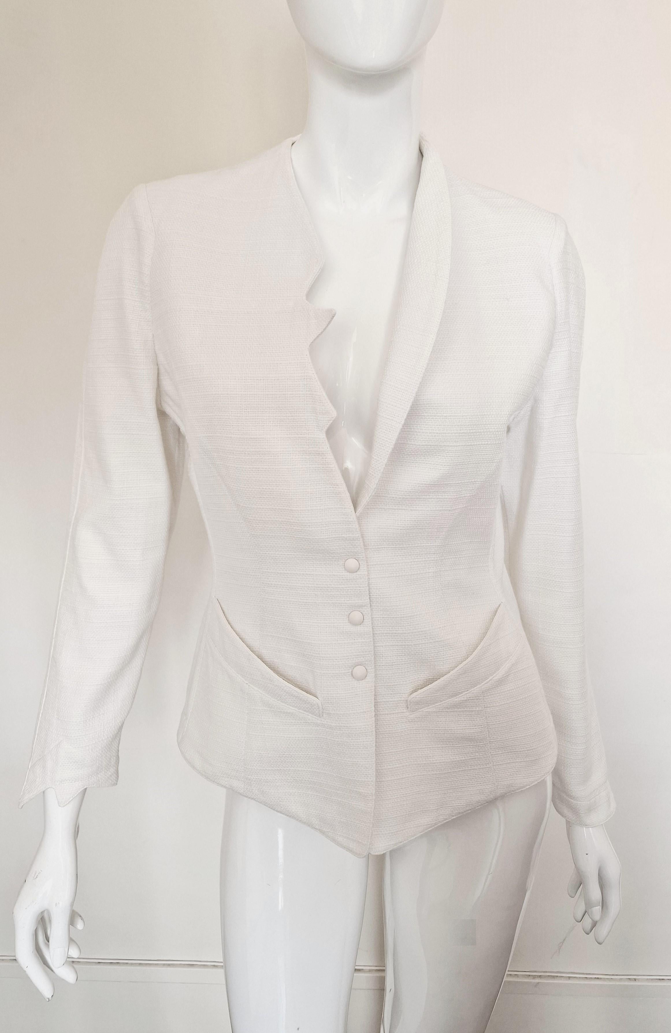 Gray Thierry Mugler Thunder Asymmetric Runway Wasp Waist White Vintage Blazer Jacket For Sale